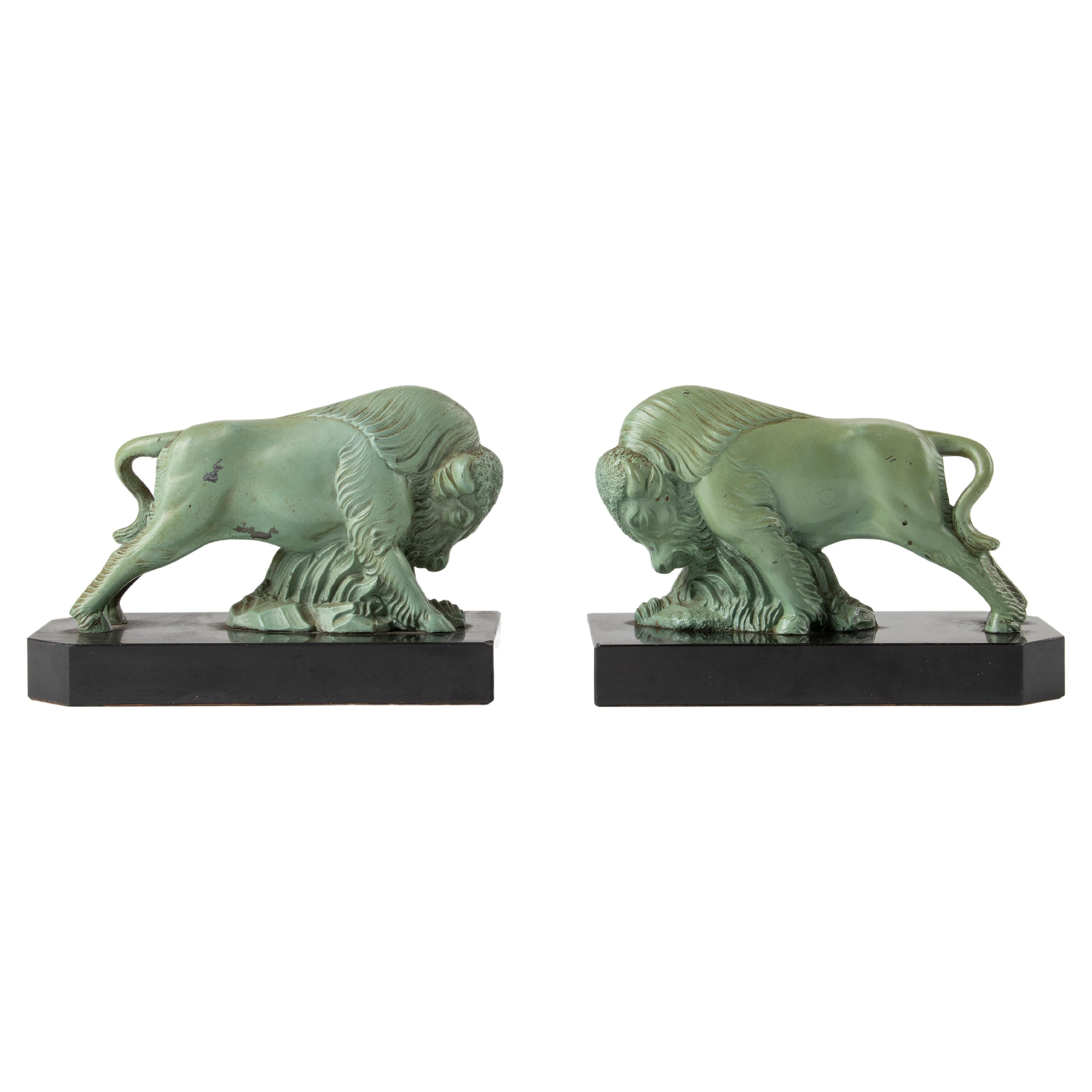 Pair of 1930's Art Deco Book Ends with Bison Made of Marble and Spelter
