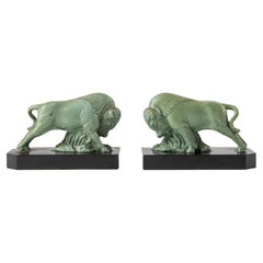 Pair of 1930's Art Deco Book Ends with Bison Made of Marble and Spelter