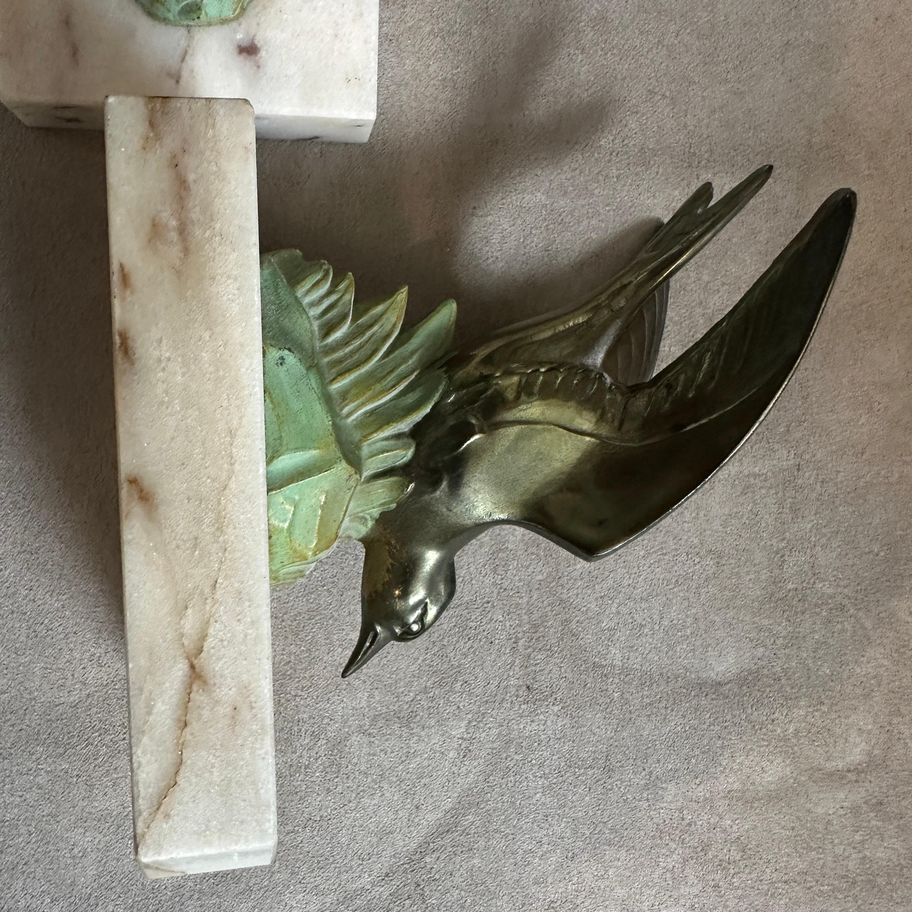 20th Century A pair of 1930s Art Deco Metal and Marble Birds French Bookends
