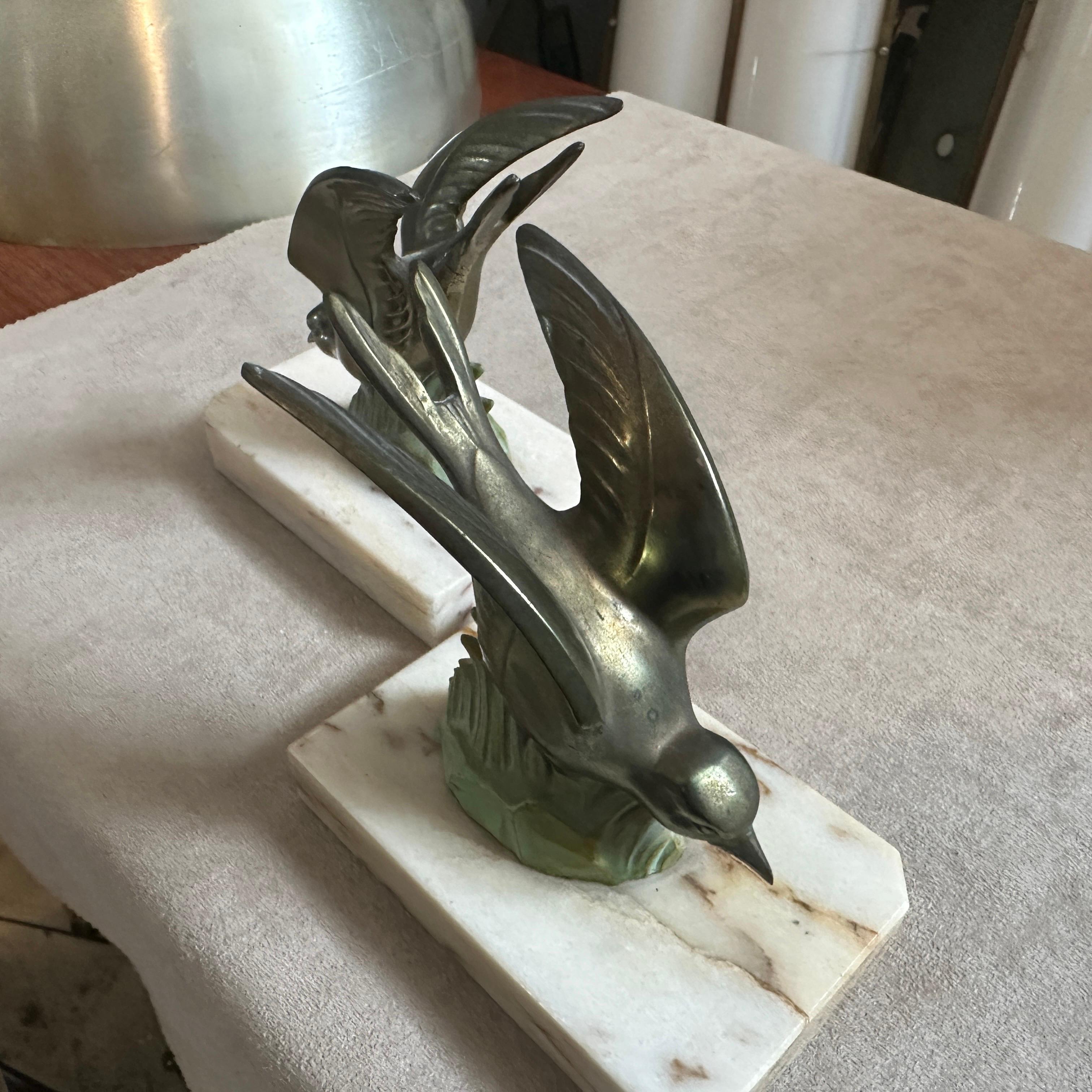 Spelter A pair of 1930s Art Deco Metal and Marble Birds French Bookends