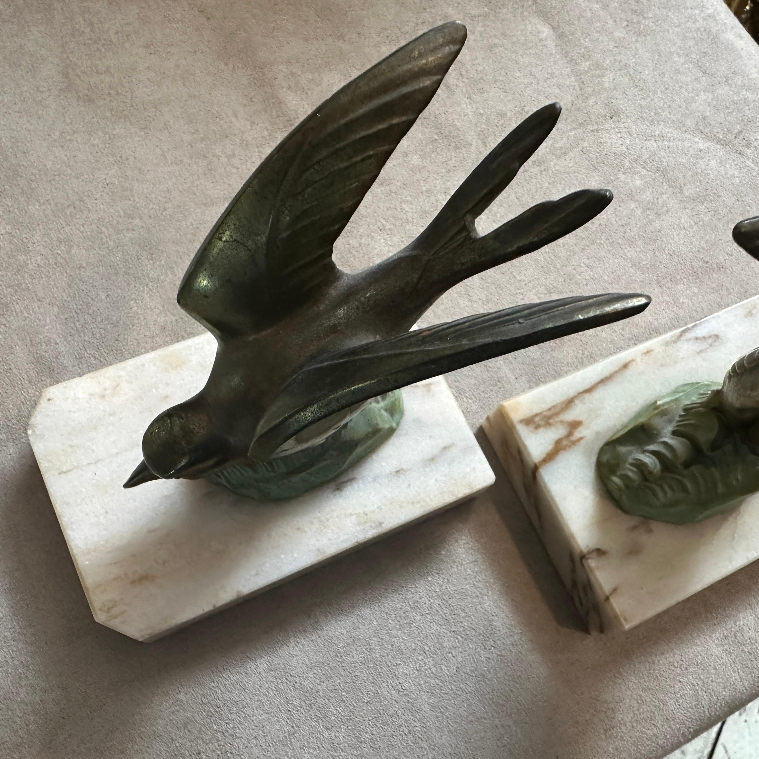 A pair of 1930s Art Deco Metal and Marble Birds French Bookends 1