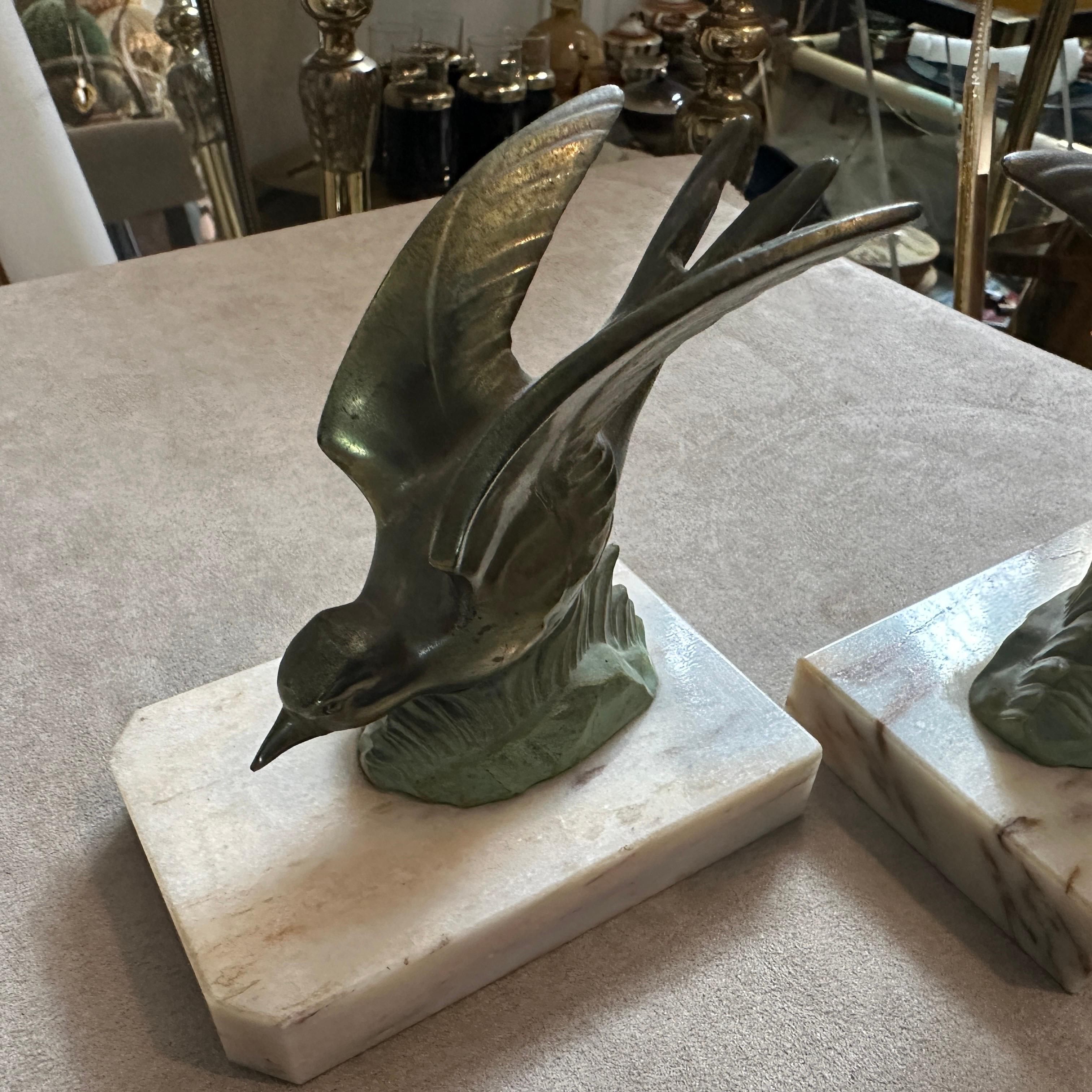 A pair of 1930s Art Deco Metal and Marble Birds French Bookends 4