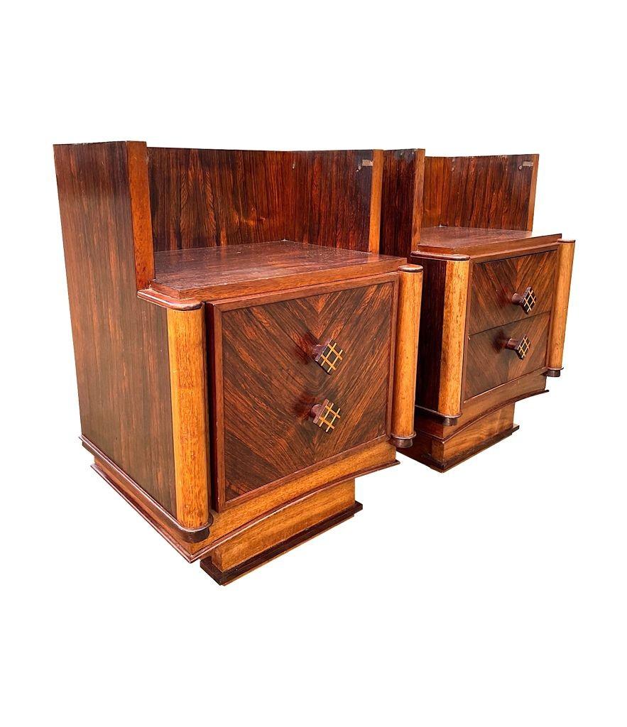 French Pair of 1930s Art Deco Walnut Bedside Table with Marquetry Detail For Sale