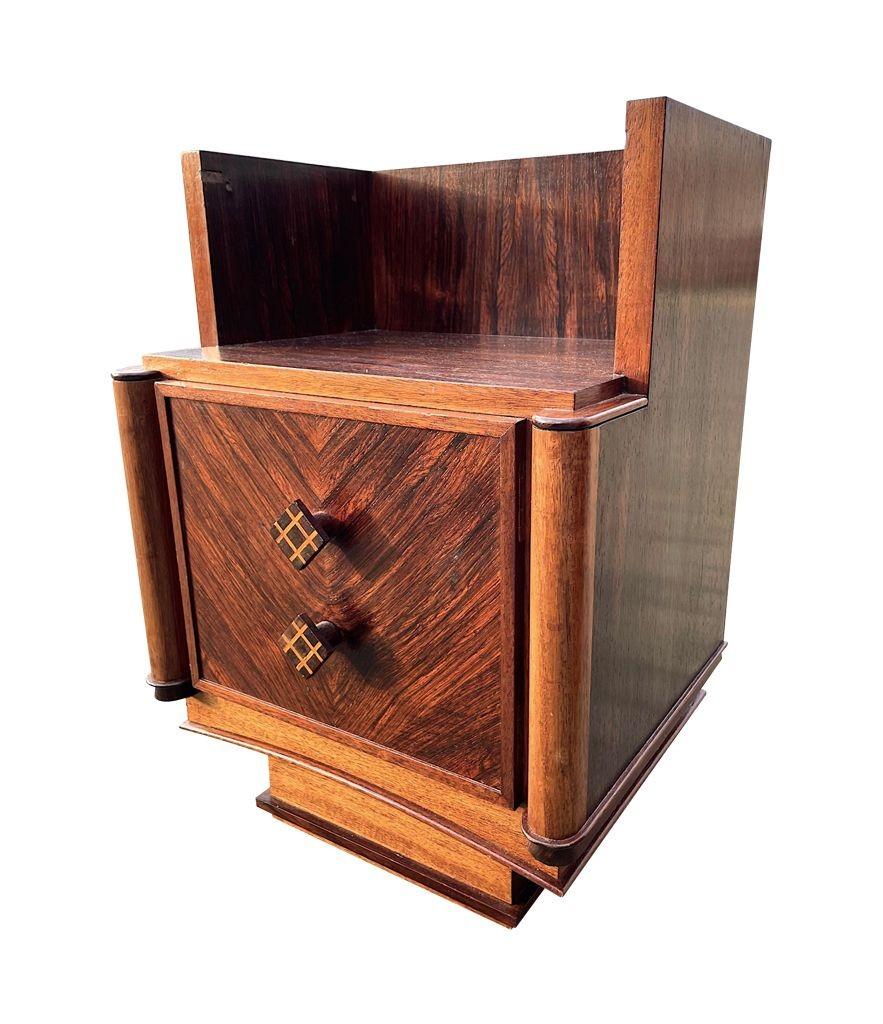 Pair of 1930s Art Deco Walnut Bedside Table with Marquetry Detail 1