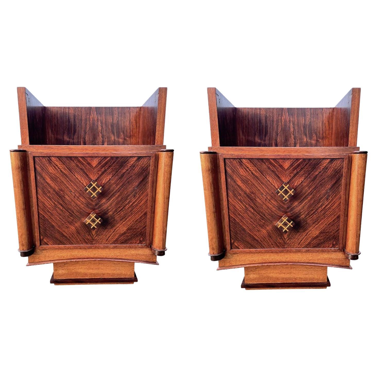 Pair of 1930s Art Deco Walnut Bedside Table with Marquetry Detail