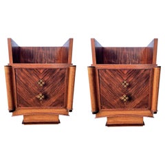 Pair of 1930s Art Deco Walnut Bedside Table with Marquetry Detail