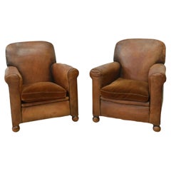 A Pair of 1930's French Art Deco Leather Low Club Chairs