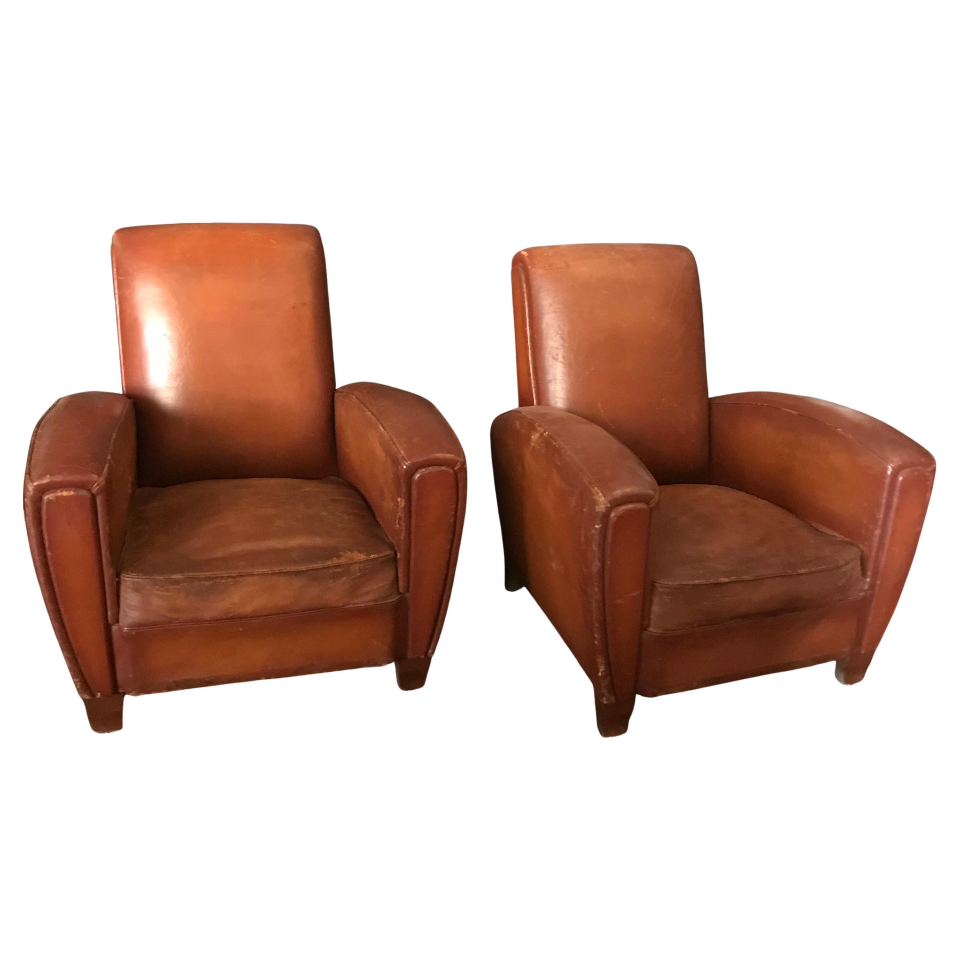 Pair of 1930’s French Cognac Leather Club Chairs