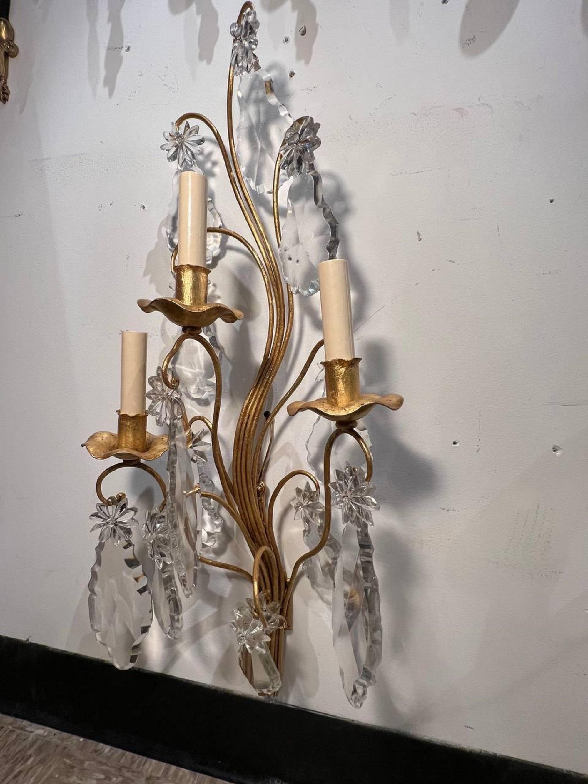 Gilt Pair of 1930’s French Bagues Large 3 Lights Sconces with Crystals For Sale