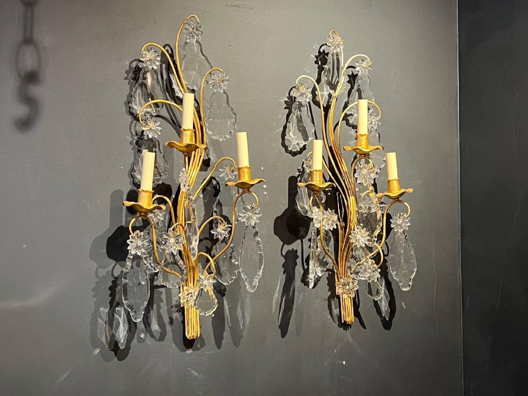 Pair of 1930’s French Bagues Large 3 Lights Sconces with Crystals In Good Condition For Sale In New York, NY