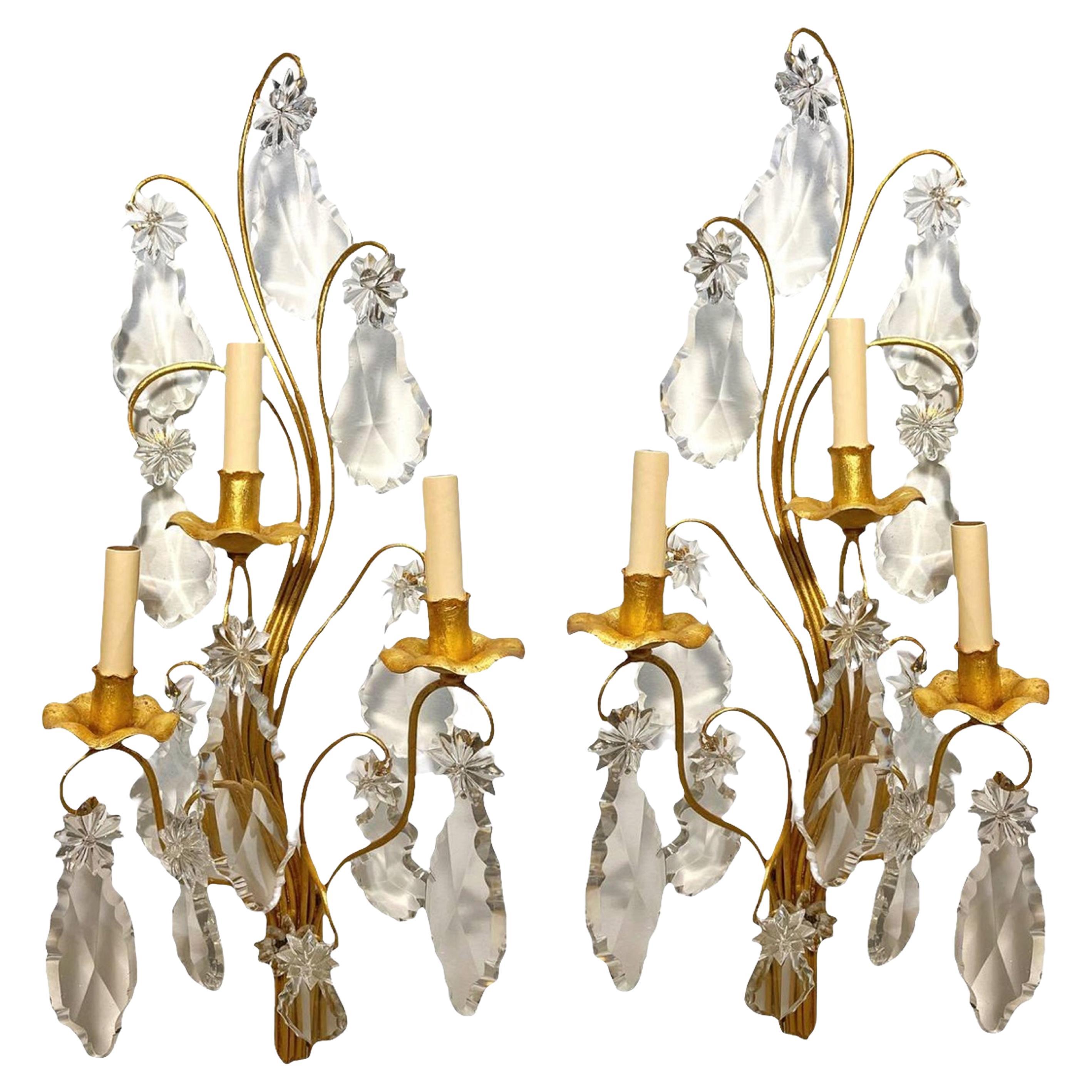 Pair of 1930’s French Bagues Large 3 Lights Sconces with Crystals For Sale