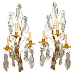 Vintage Pair of 1930’s French Bagues Large 3 Lights Sconces with Crystals