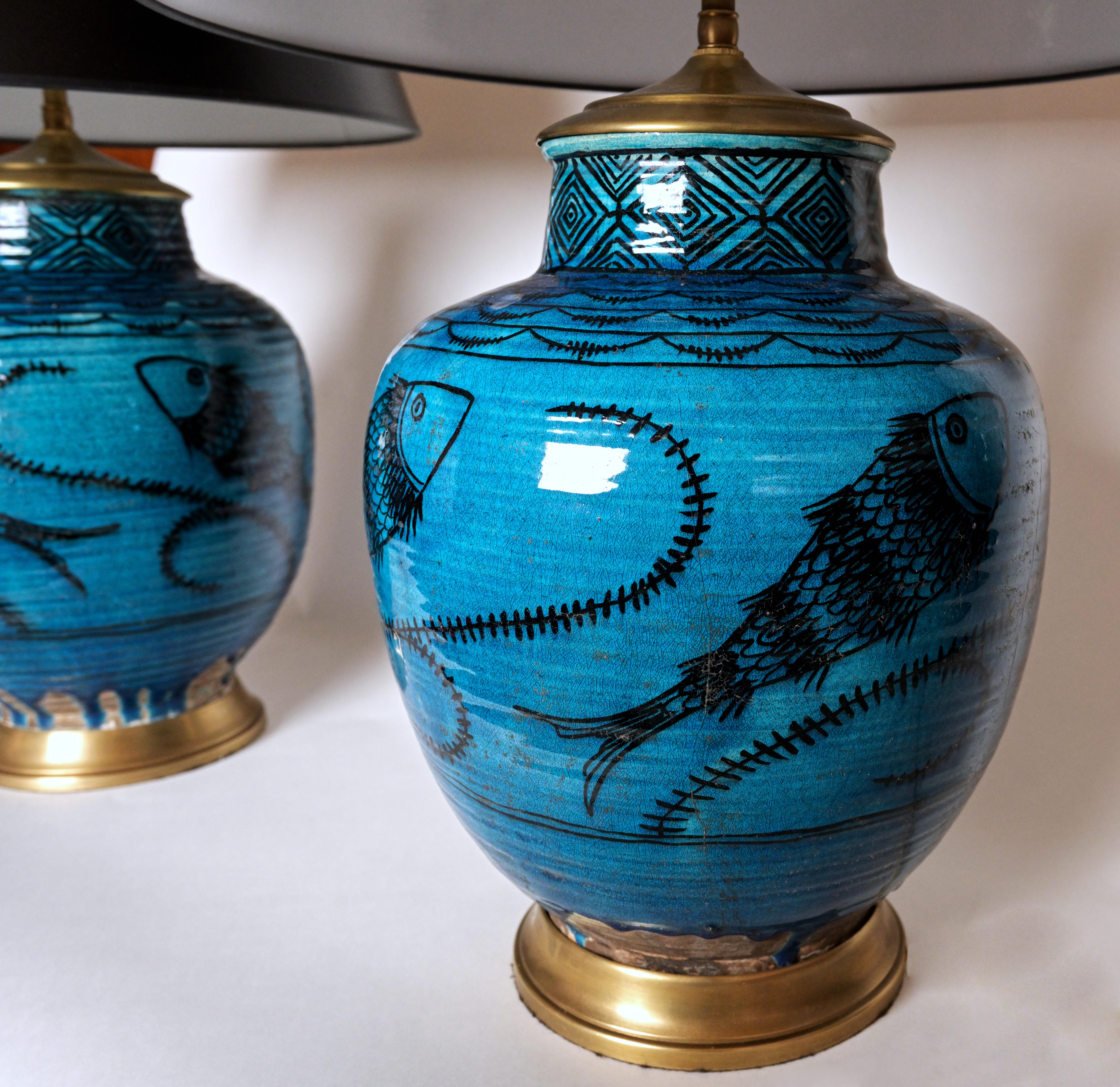 Pair of 1930s French Salt Glazed Vases with Antique Syrian Designs In Good Condition For Sale In New York, NY