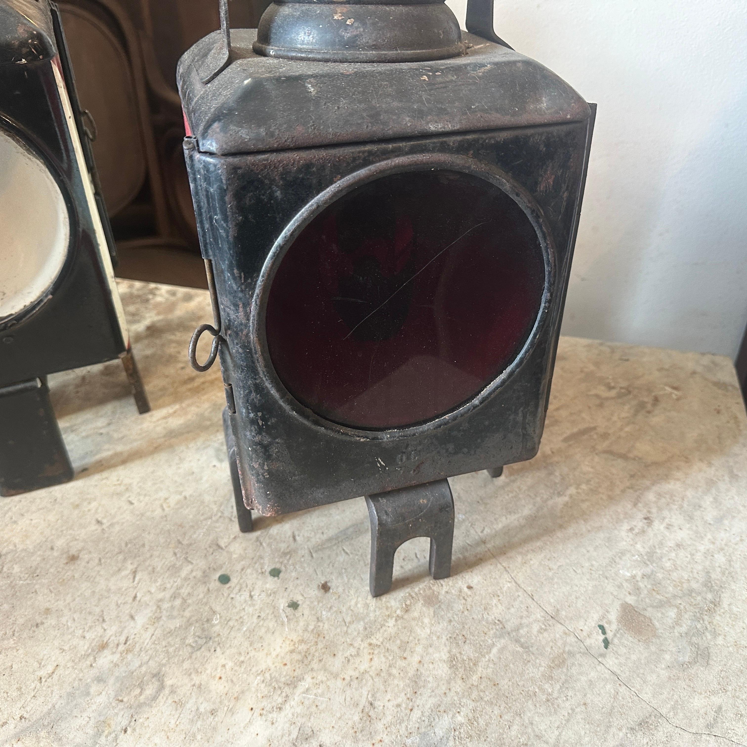 Industrial A Pair of 1930s Iron and Glass Germain Railways Lanterns 