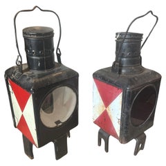 Vintage A Pair of 1930s Iron and Glass Germain Railways Lanterns 