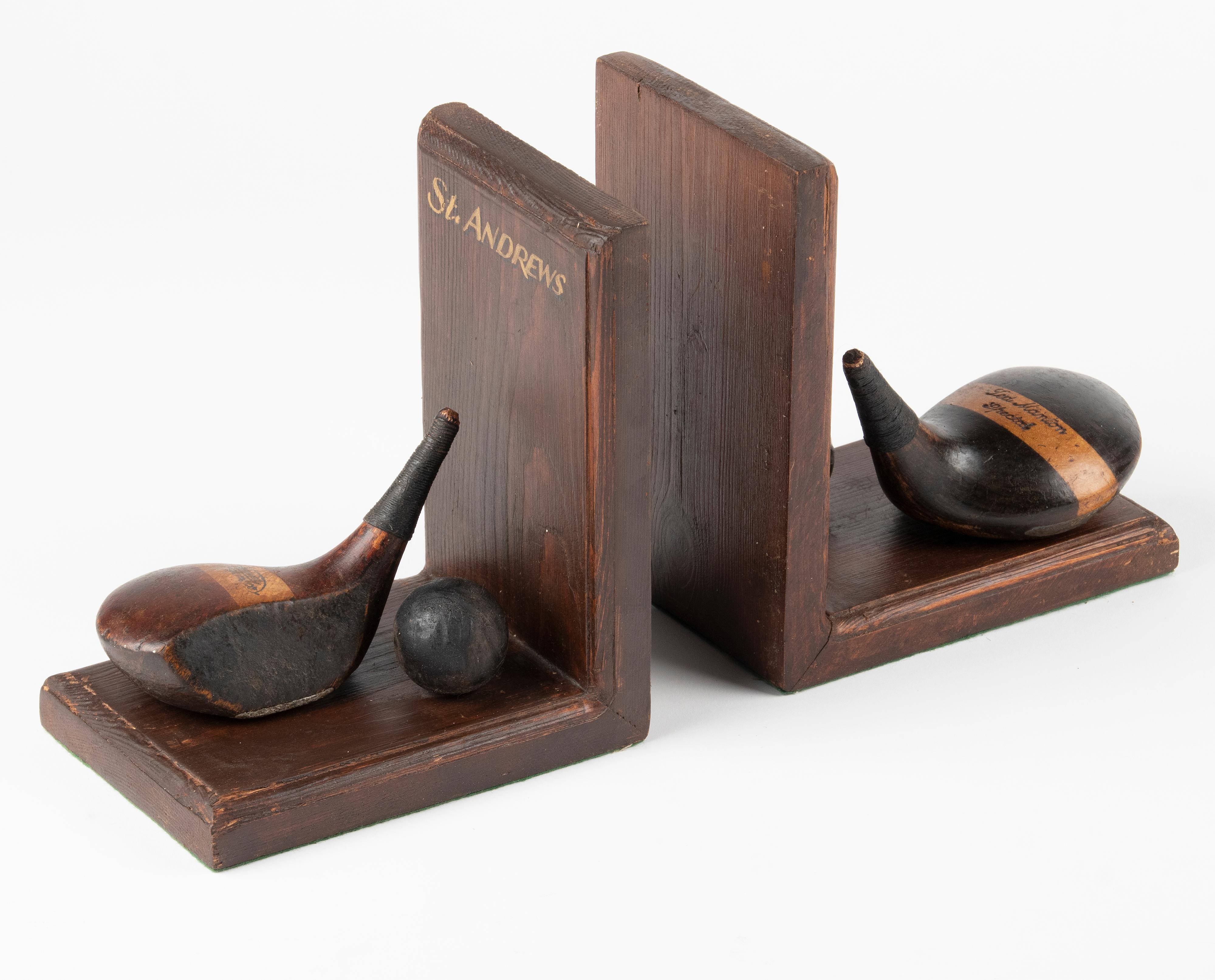 Country Pair of 1930's Pine Wood Bookends from Golf Club Saint Andrews