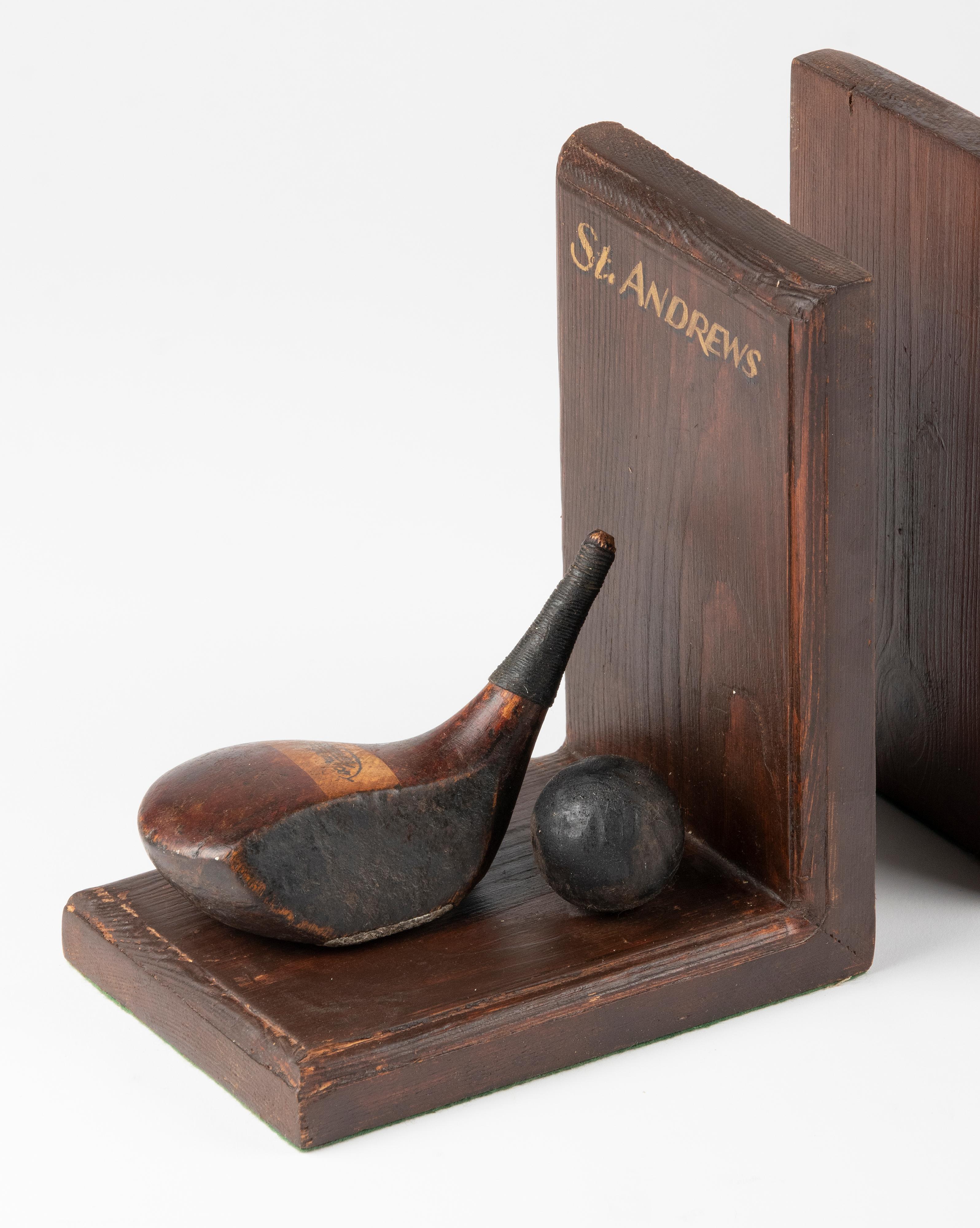 Scottish Pair of 1930's Pine Wood Bookends from Golf Club Saint Andrews
