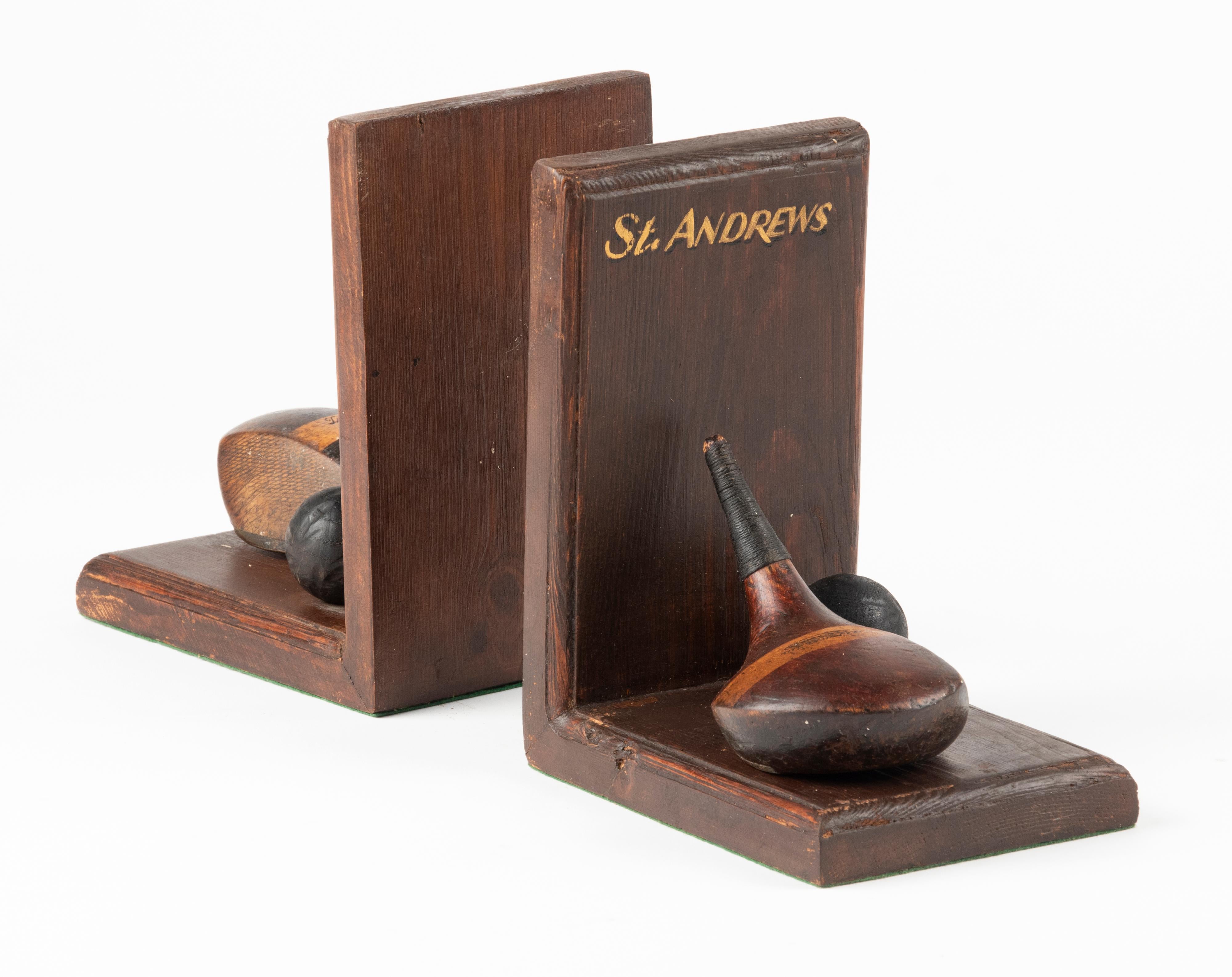 Mid-20th Century Pair of 1930's Pine Wood Bookends from Golf Club Saint Andrews