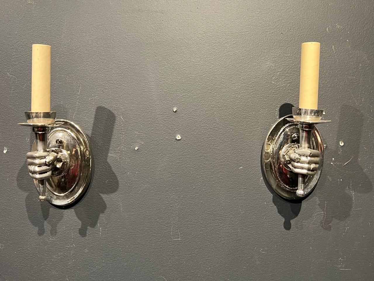 Mid-20th Century 1930's French Silver Plated Arm Sconces with One Light For Sale