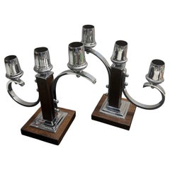 Paire de candélabres français Art déco des années 1940, en bois de fruitier et métal chromé
