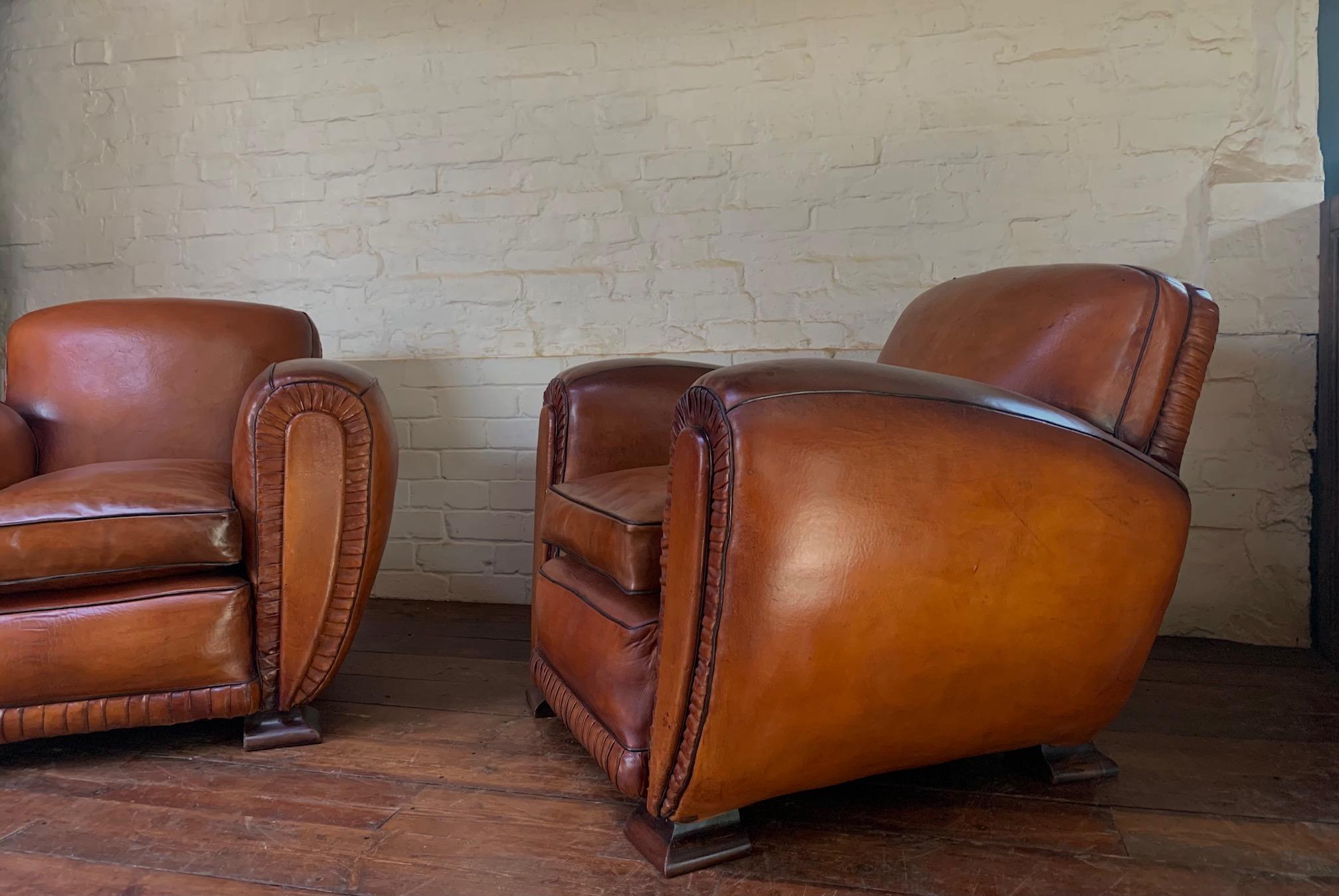 A Pair of 1940’s French Leather club Chairs, La Crème de la Crème  For Sale 5