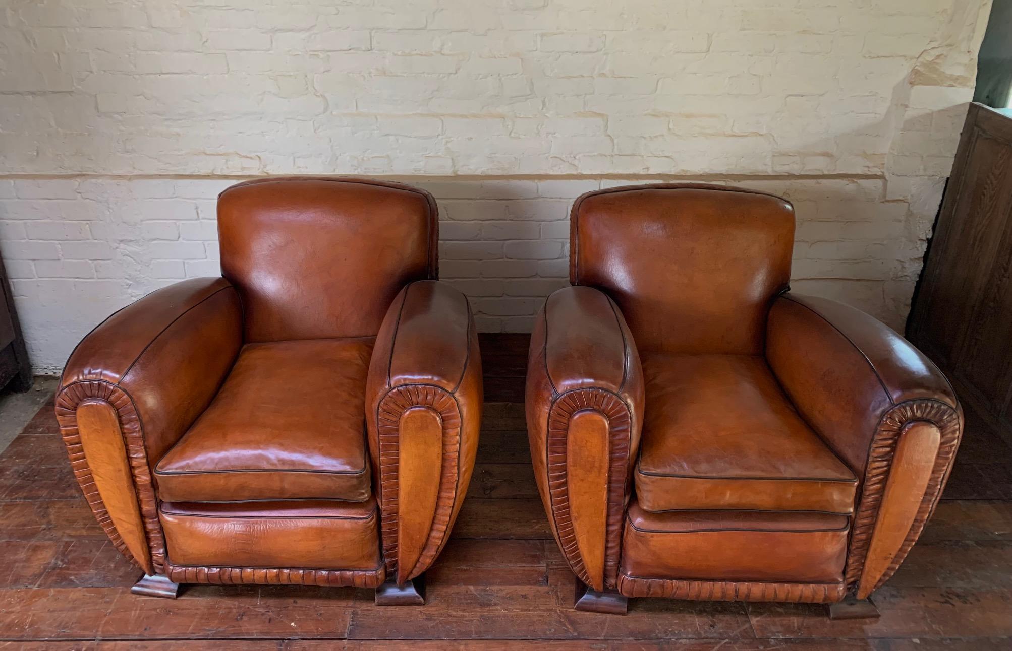 A Pair of 1940’s French Leather club Chairs, La Crème de la Crème  For Sale 6