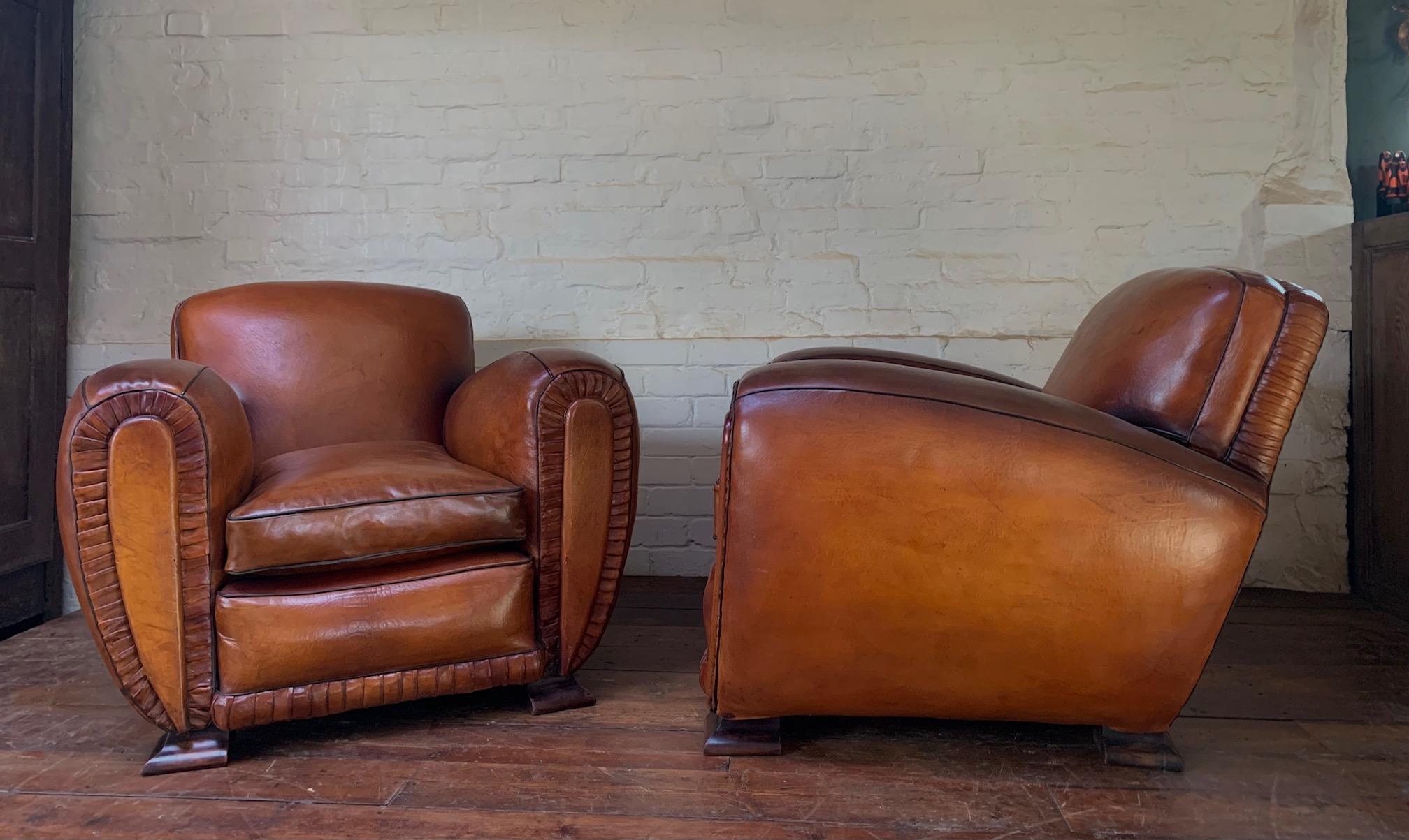 A Pair of 1940’s French Leather club Chairs, La Crème de la Crème  For Sale 11