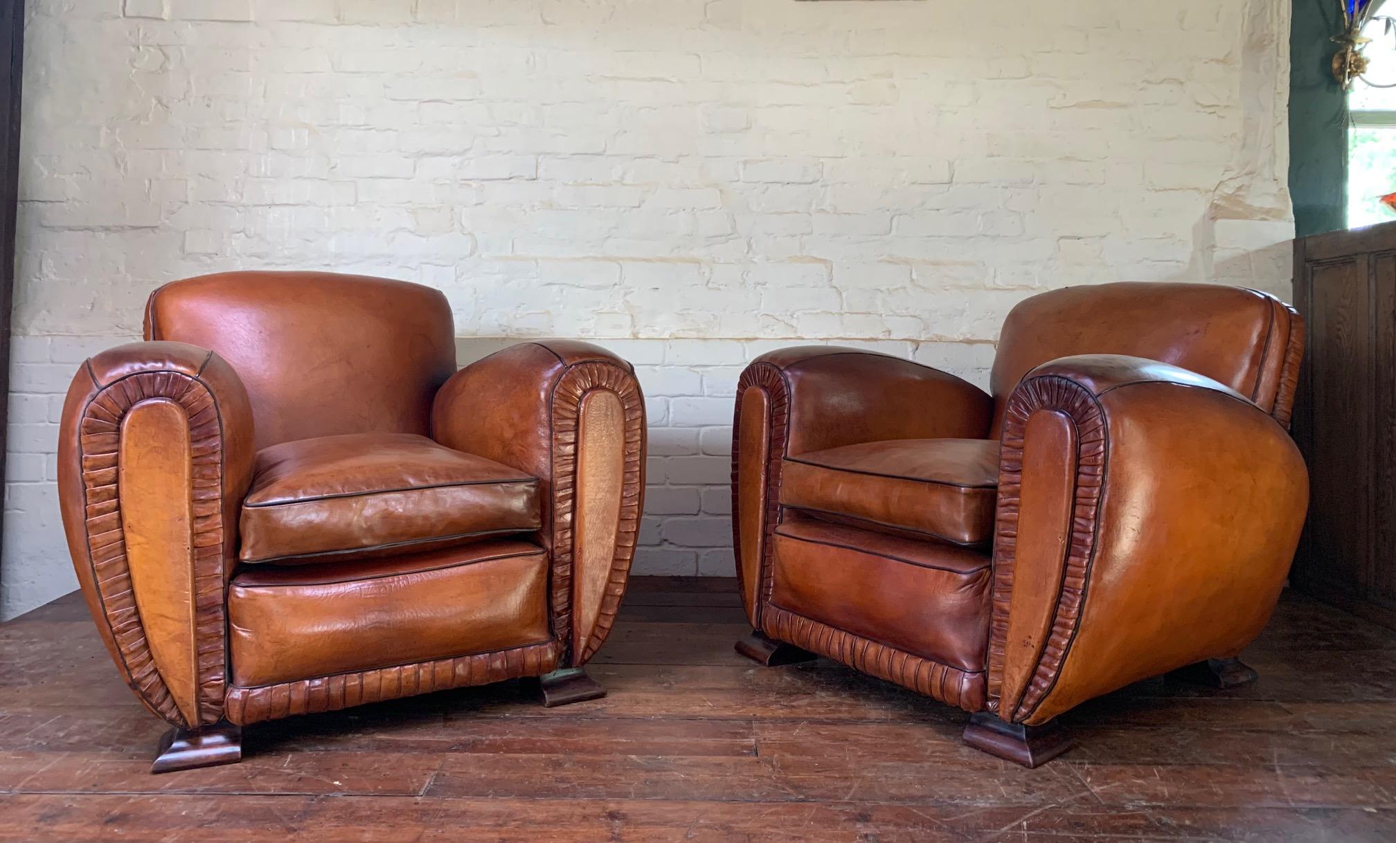 Art Deco A Pair of 1940’s French Leather club Chairs, La Crème de la Crème  For Sale