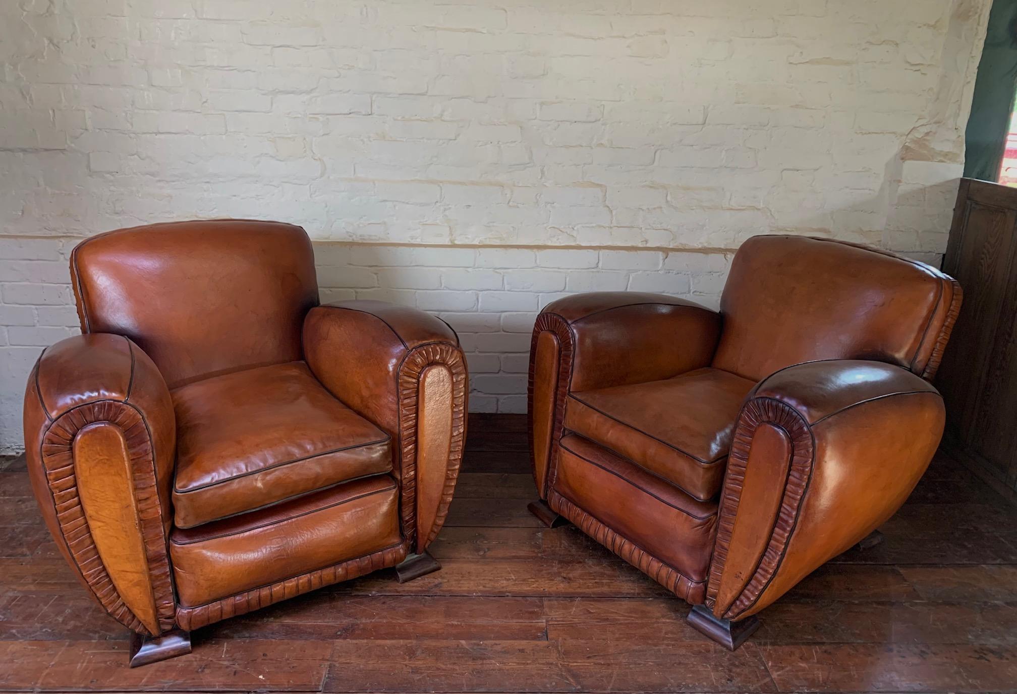 A Pair of 1940’s French Leather club Chairs, La Crème de la Crème  In Excellent Condition For Sale In Hastings, GB