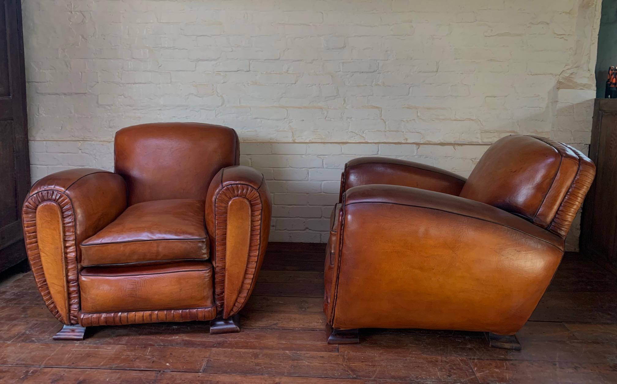 Mid-20th Century A Pair of 1940’s French Leather club Chairs, La Crème de la Crème  For Sale
