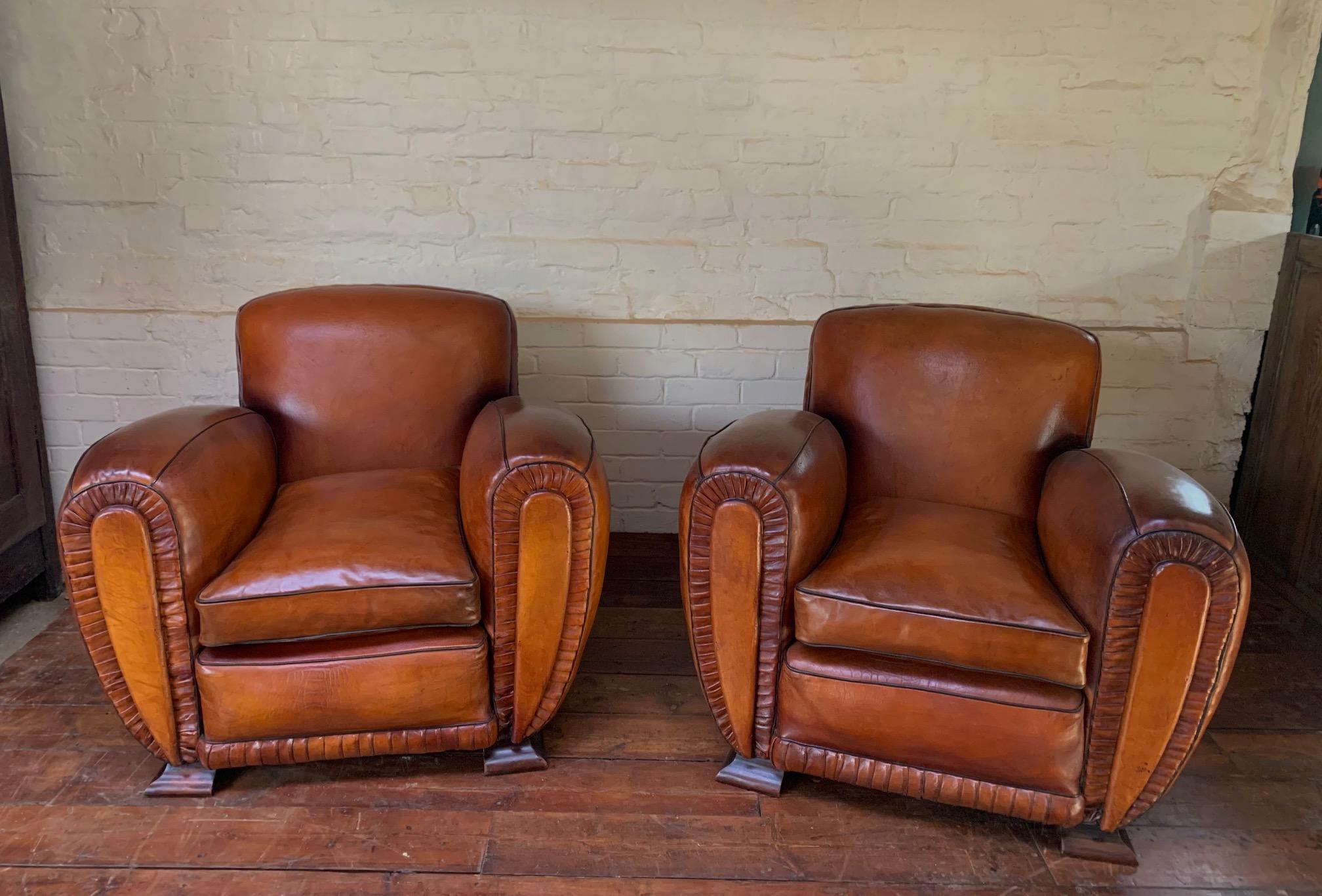 Mid-20th Century A Pair of 1940’s French Leather club Chairs, La Crème de la Crème  For Sale