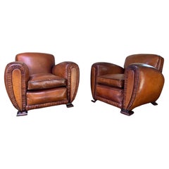 Vintage A Pair of 1940’s French Leather club Chairs, La Crème de la Crème 