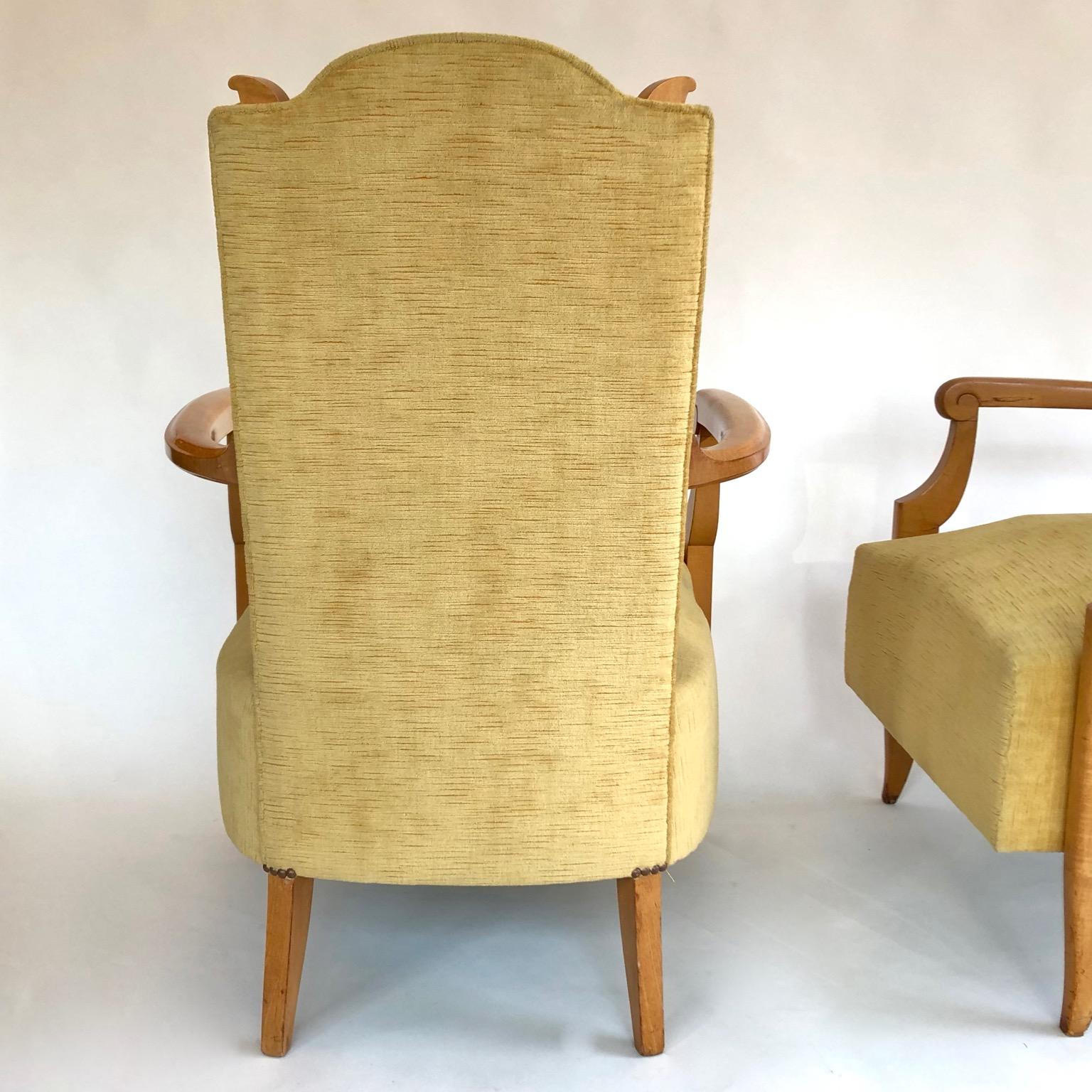 Art Deco Pair of 1940's French Neoclassical Sycamore and Gold Yellow Velvet Armchairs