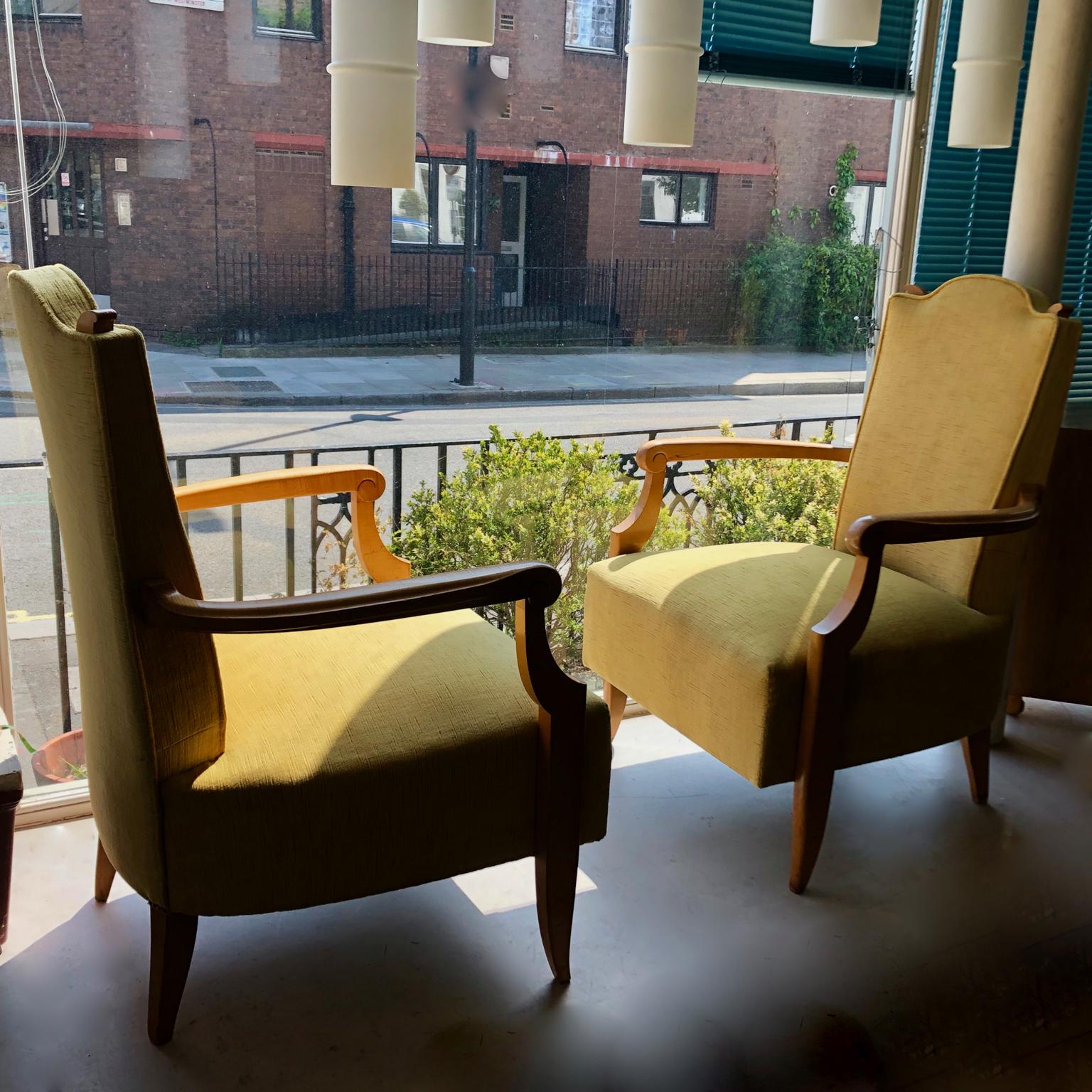 20th Century Pair of 1940's French Neoclassical Sycamore and Gold Yellow Velvet Armchairs