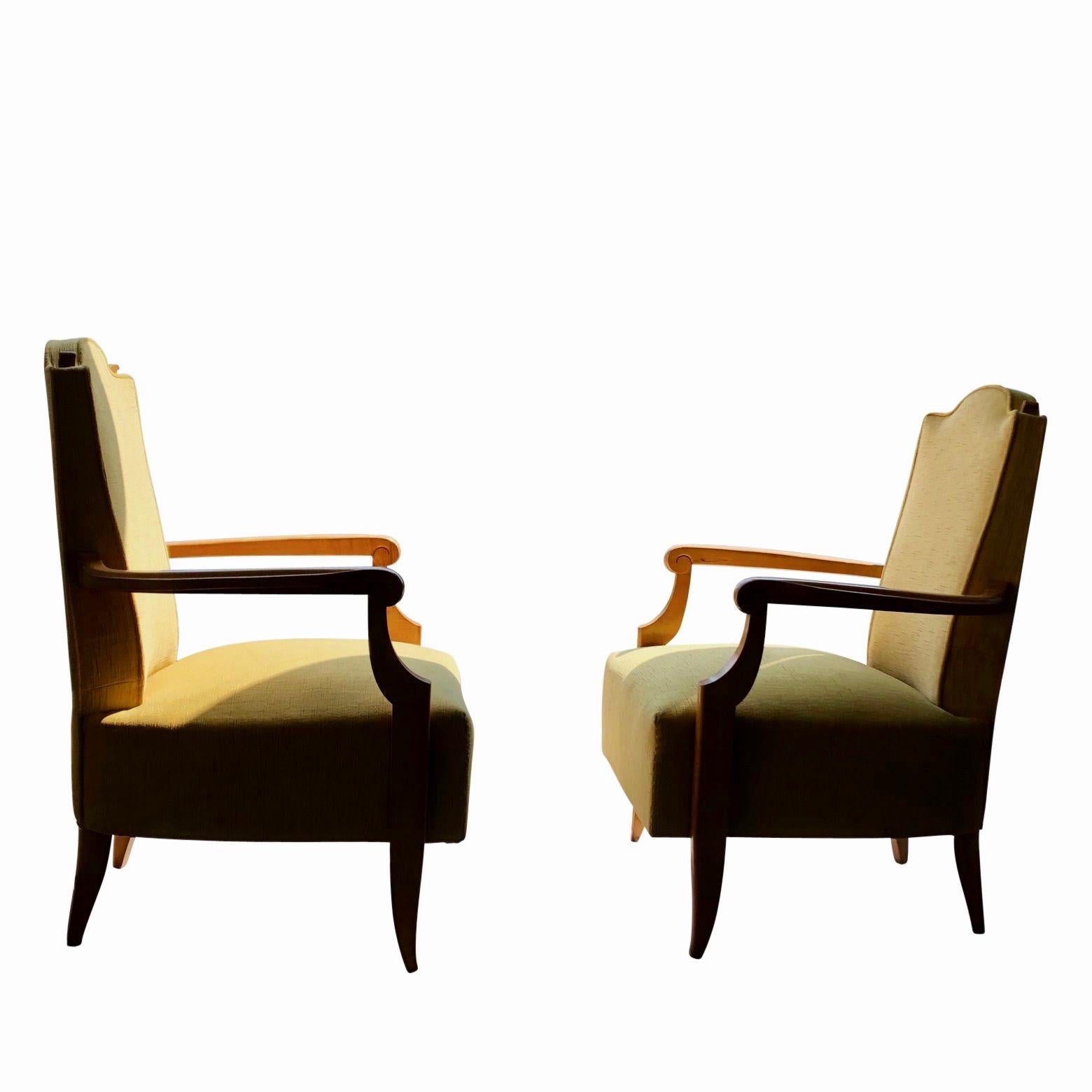 Pair of 1940's French Neoclassical Sycamore and Gold Yellow Velvet Armchairs 3