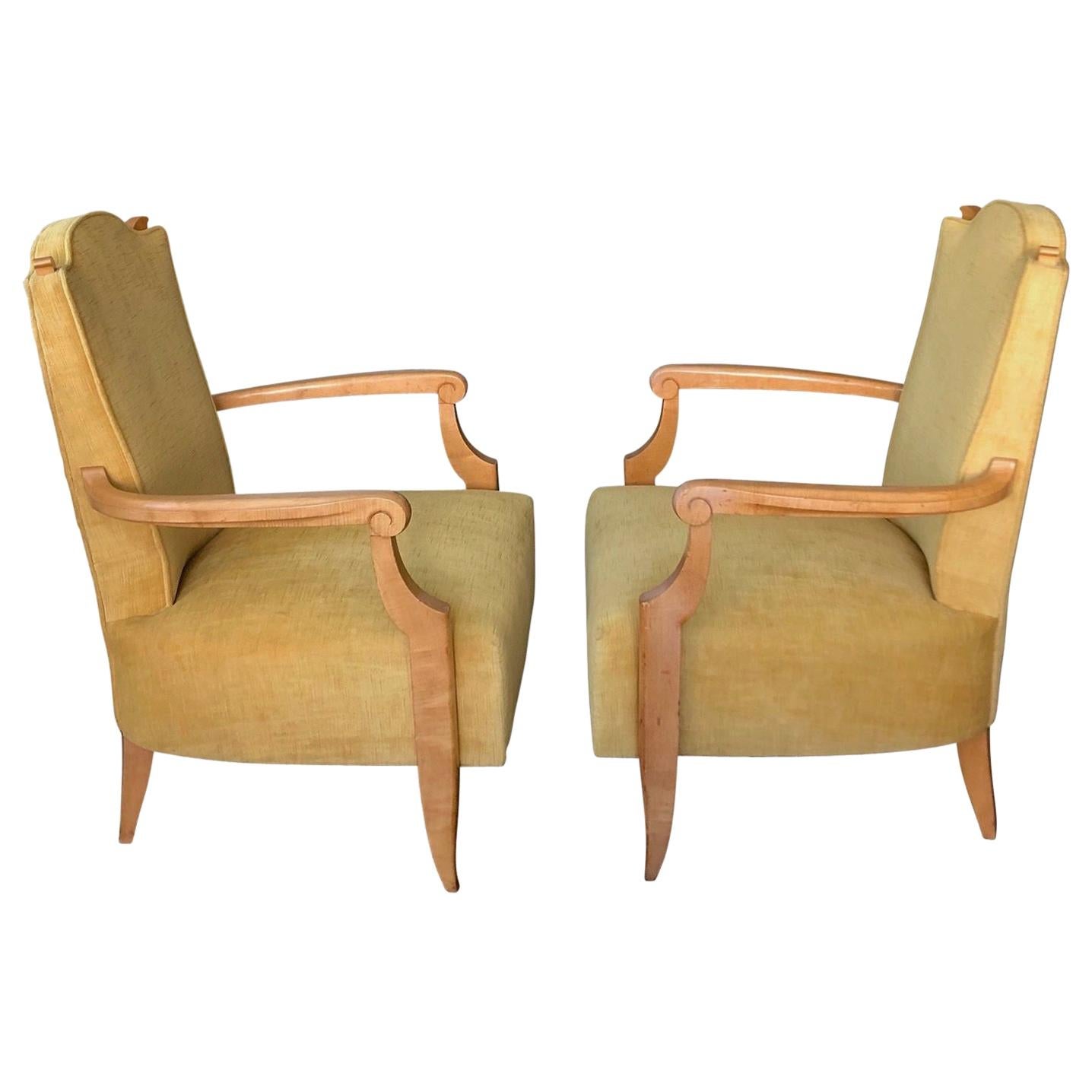 Pair of 1940's French Neoclassical Sycamore and Gold Yellow Velvet Armchairs