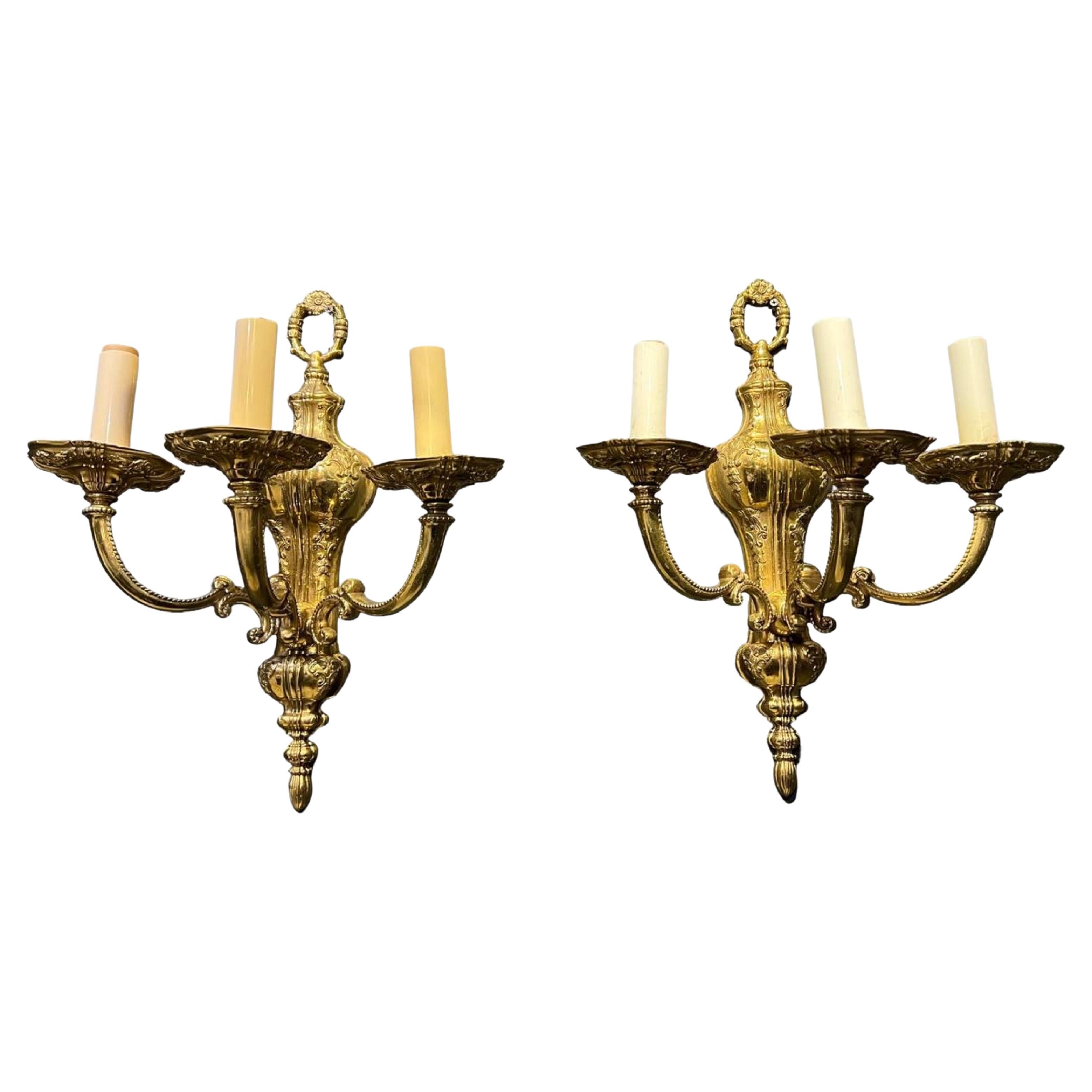 Pair of 1940's Gilt Bronze Engraved Sconces with 3 lights For Sale
