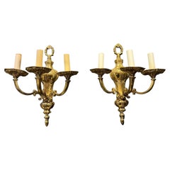 Pair of 1940's Gilt Bronze Engraved Sconces with 3 lights