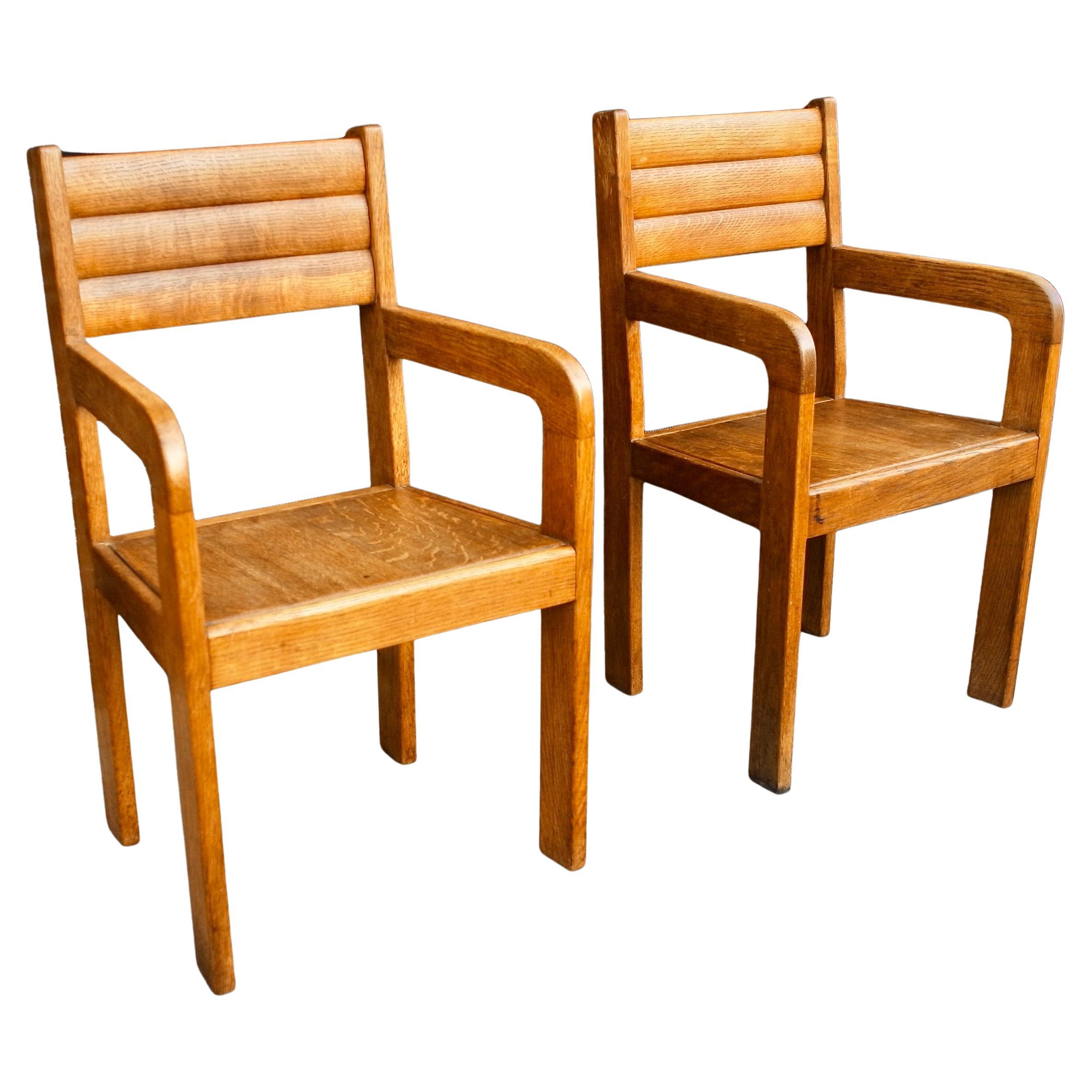 Pair of 1940s Handmade English Oak Vintage Carver/Side Chairs