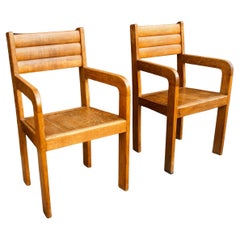 Pair of 1940s Handmade English Oak Vintage Carver/Side Chairs