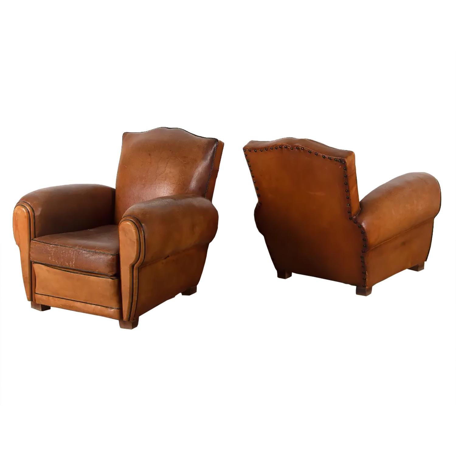 French Pair of 1940s Leather Club Chairs