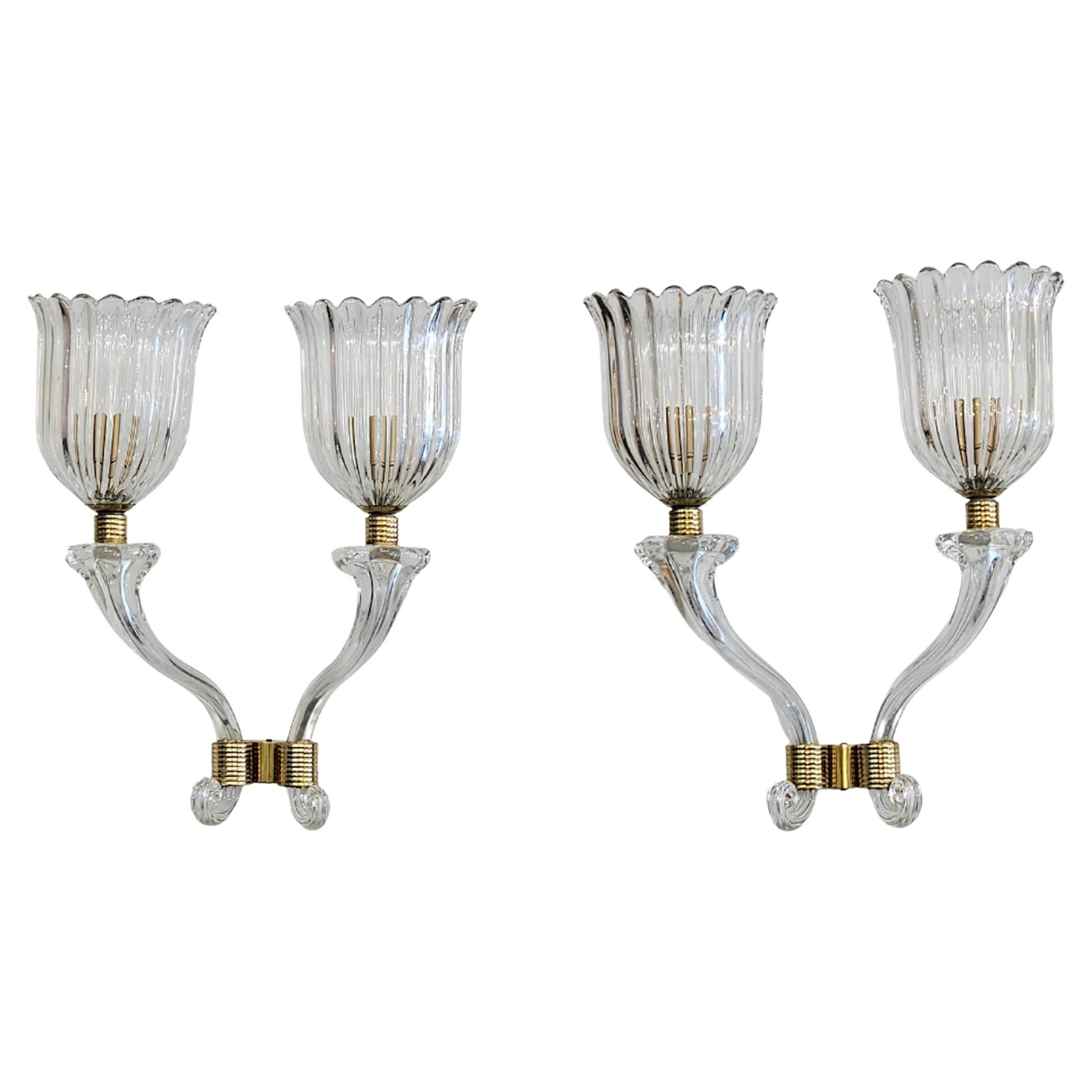 Pair of 1940s Murano Glass Tulip Cup Wall Sconces by Barovier & Toso For Sale