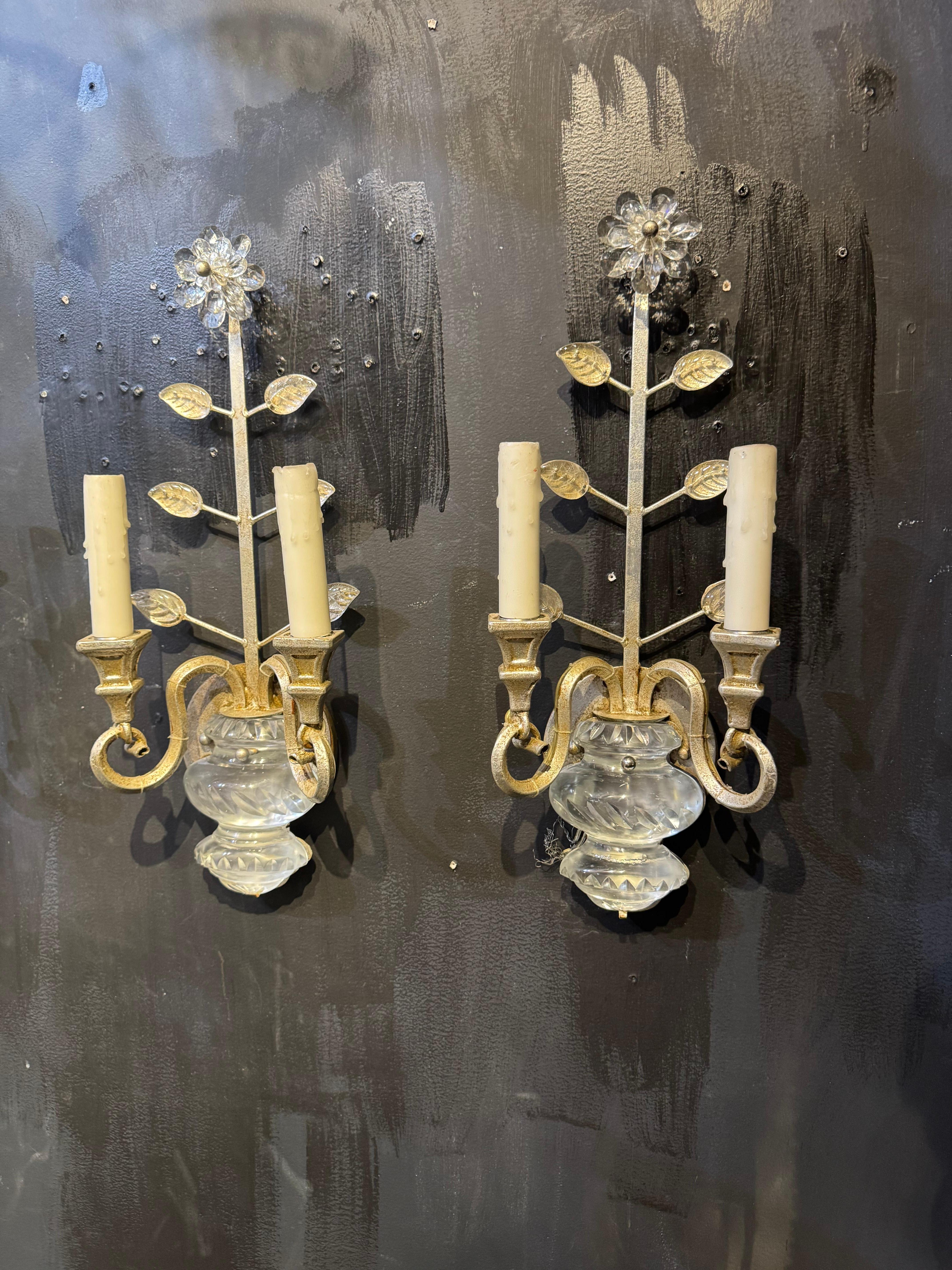 A set of 4 1940’s silver leaf sconces with crystal body , original finish. 