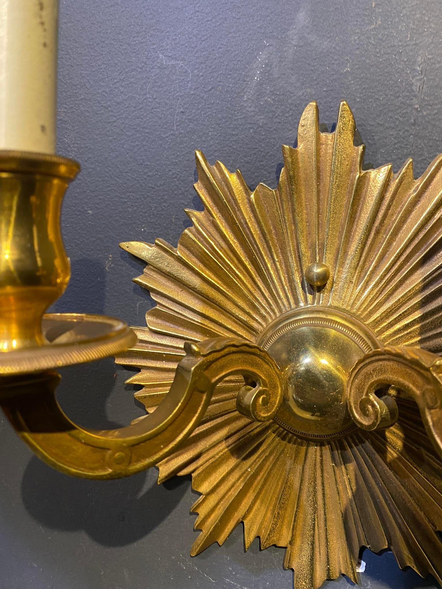 Gilt 1940's French Sunburst Double Light Sconces For Sale