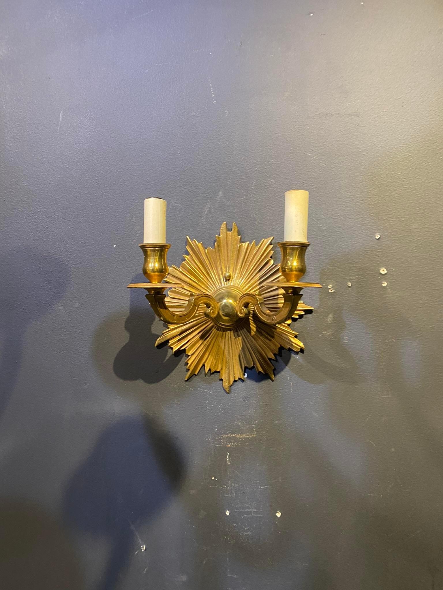1940's French Sunburst Double Light Sconces In Good Condition For Sale In New York, NY
