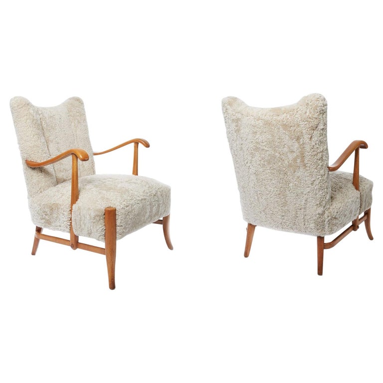 Pair of 1940s Swedish Birch Wood Armchairs Upholstered in Mohawi Sheepskin For Sale