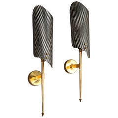 Pair of 1950s Black and Brass Metal Wall Sconces, Wall Lights after Maison Arlus