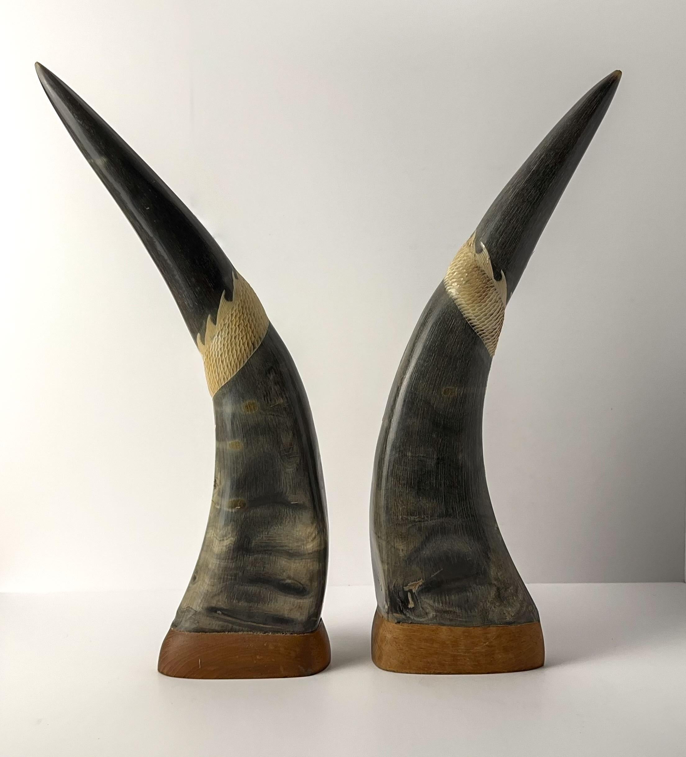 Chinoiserie Chinese Etched Dragon Buffalo Horns, China, 1950's