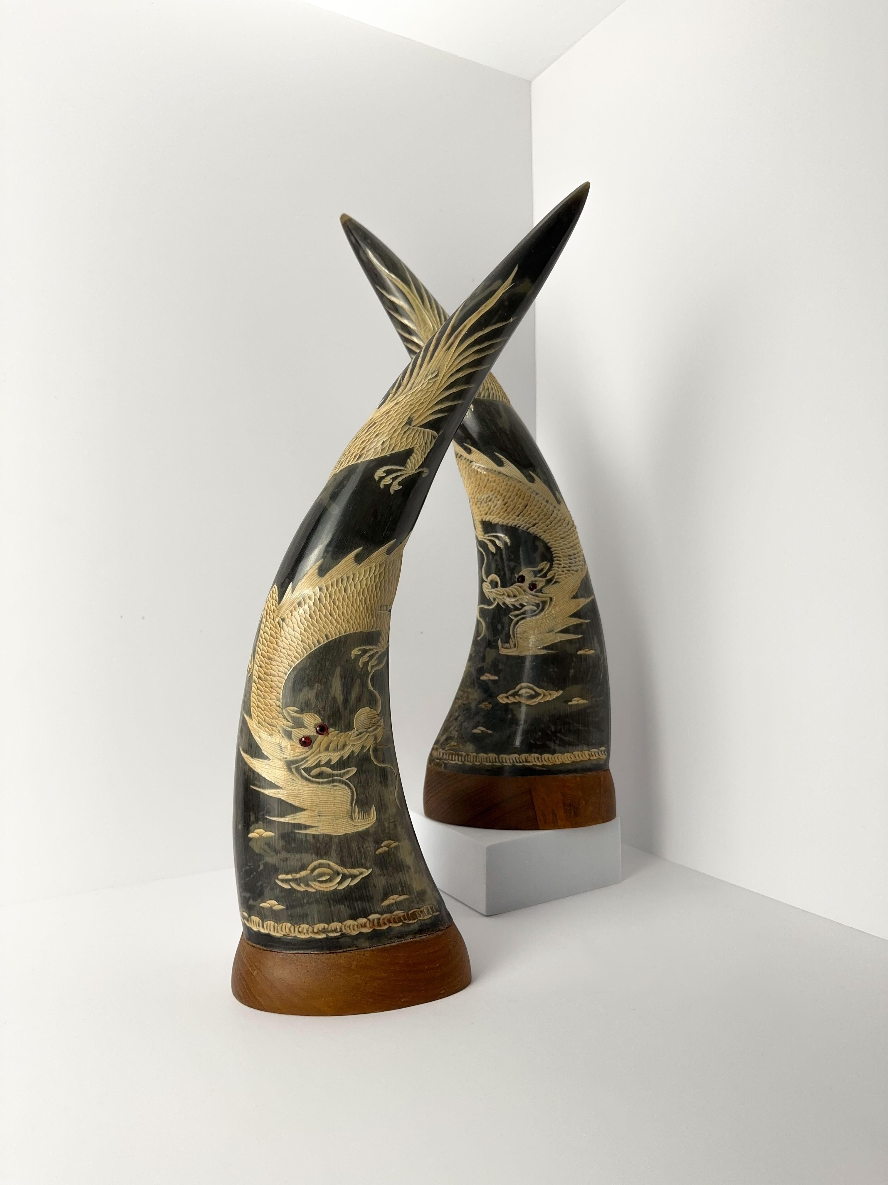 Hand-Carved Chinese Etched Dragon Buffalo Horns, China, 1950's