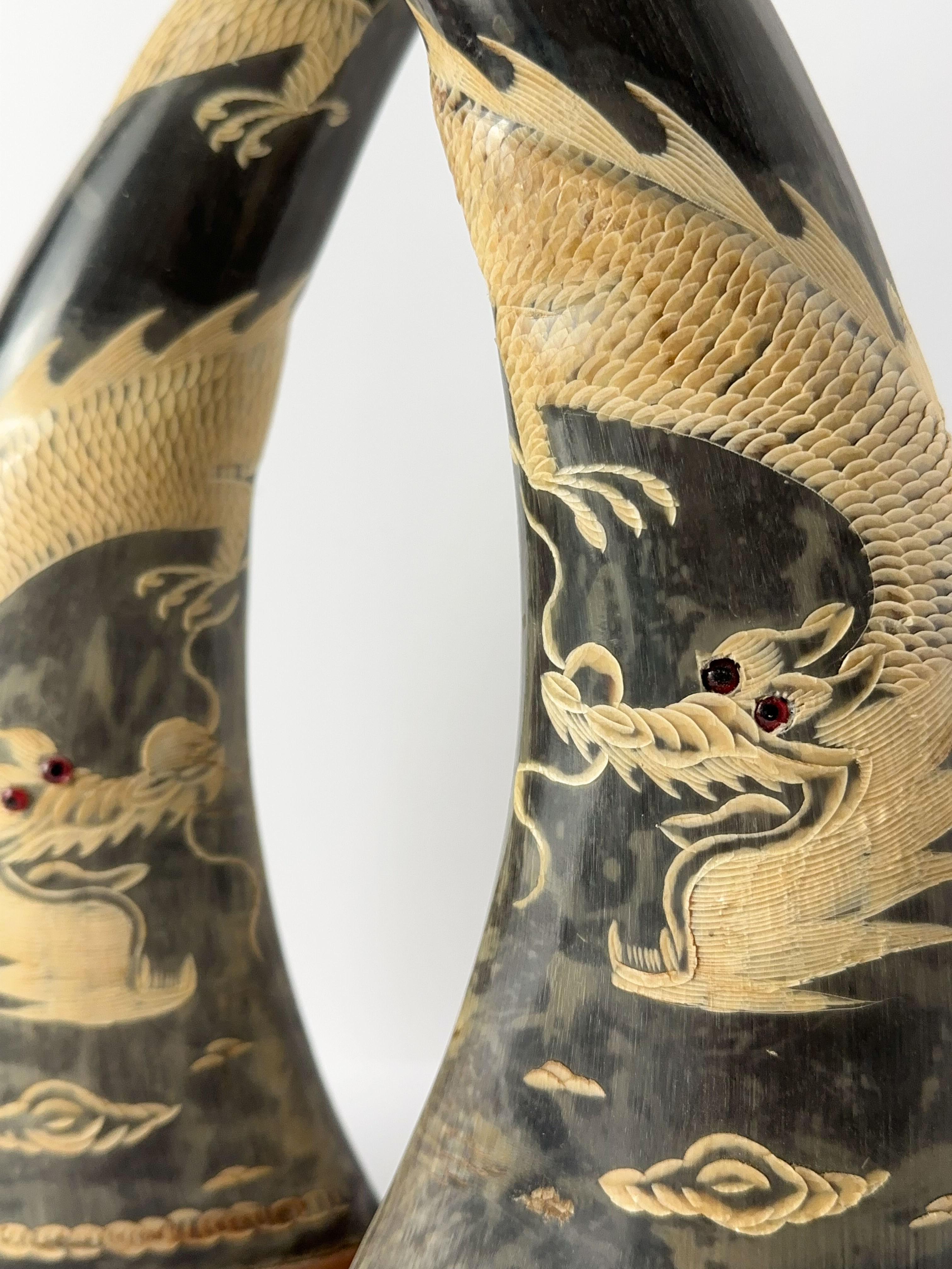 Bone Chinese Etched Dragon Buffalo Horns, China, 1950's